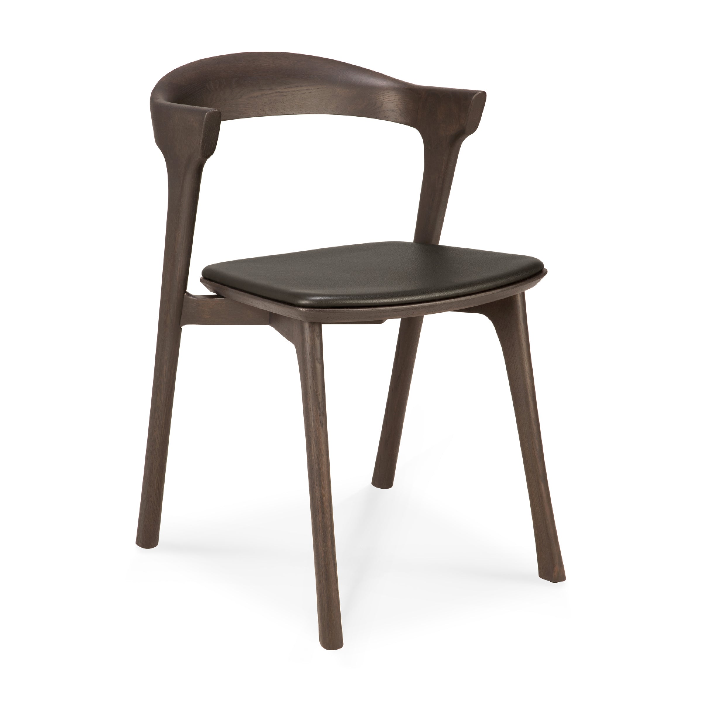 Bok Dining Chair Upholstered with dark brown varnished oak frame and black leather seat upholstery