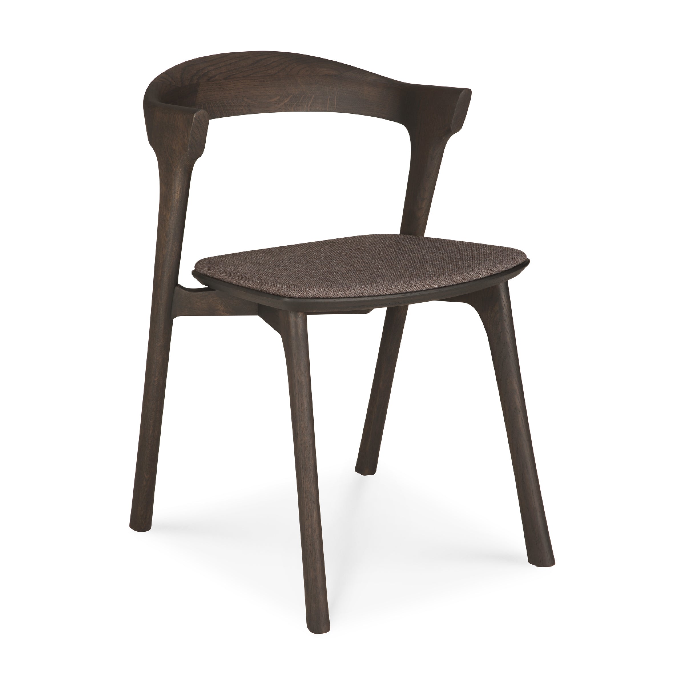 Bok Dining Chair - Upholstered in dark brown varnished oak with ergonomic design and fabric seat cushion.
