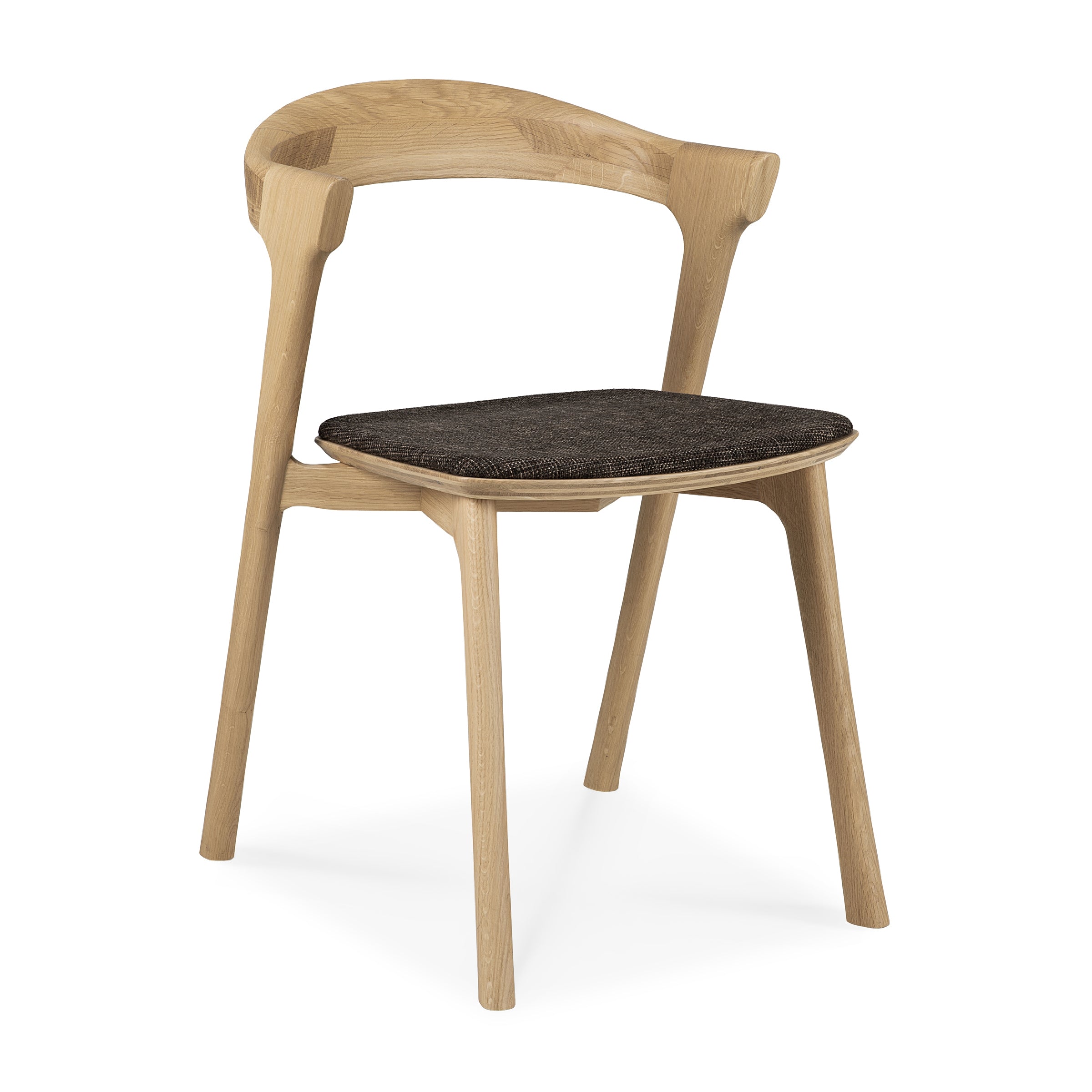 Bok Dining Chair - Upholstered with varnished oak frame and dark cushioned seat in modern dining design