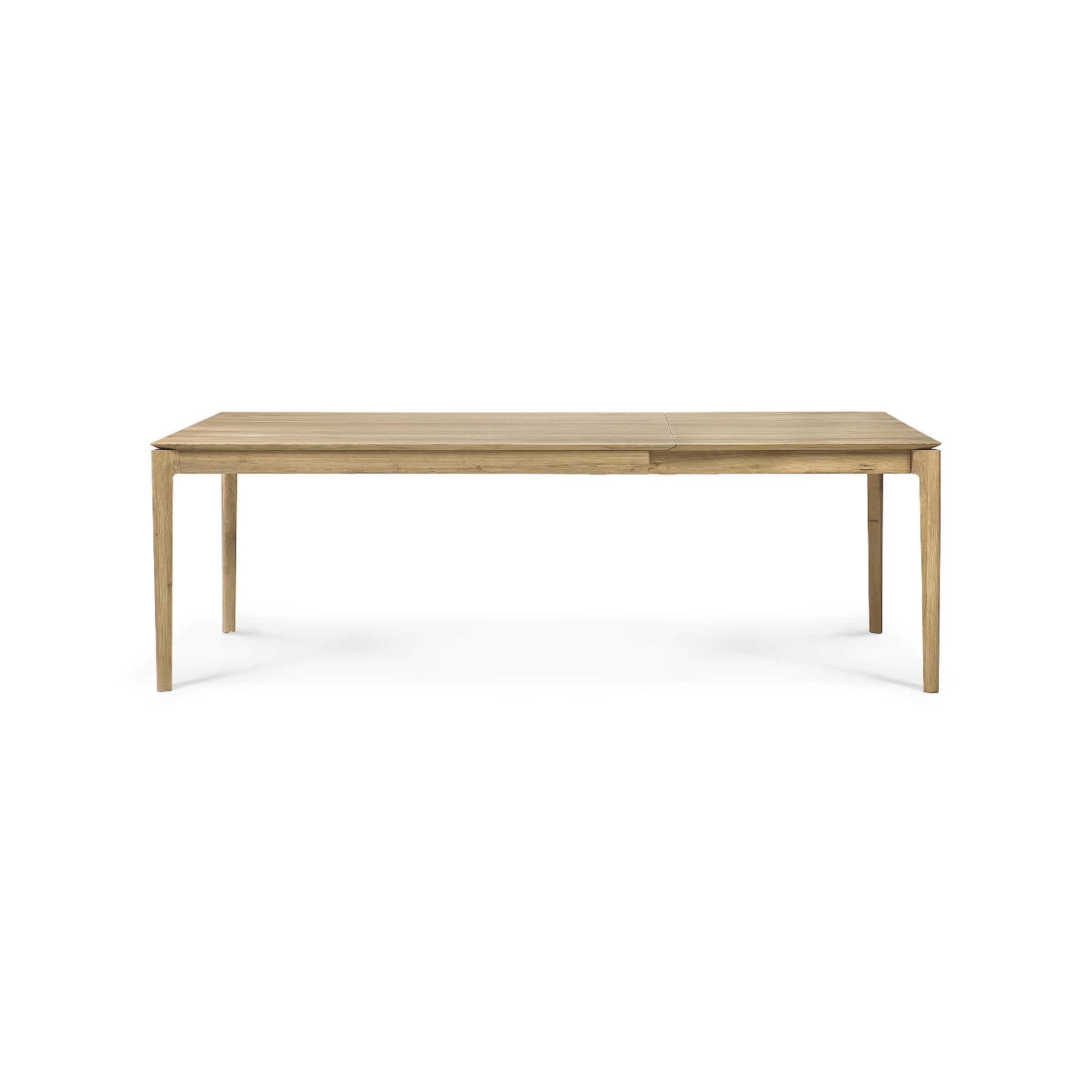 The Ethnicraft Bok Extendable Dining Table is a contemporary rectangular wooden table with four straight legs and a natural finish, shown against a plain white background.