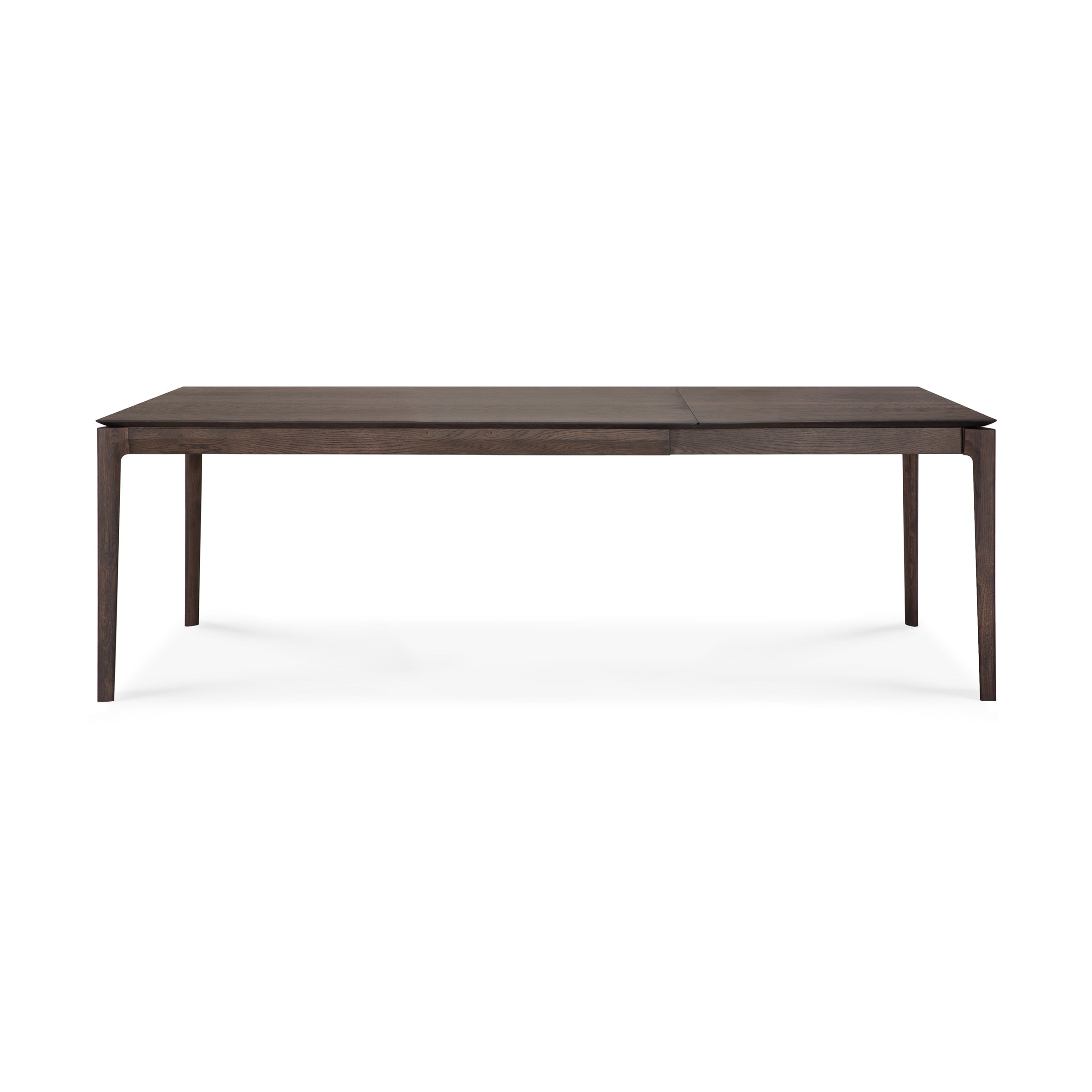 The Ethnicraft Bok Extendable Dining Table—rectangular, crafted from solid oak in a dark finish—features clean lines and four straight legs, inspired by the classic Bok design and displayed against a white background.