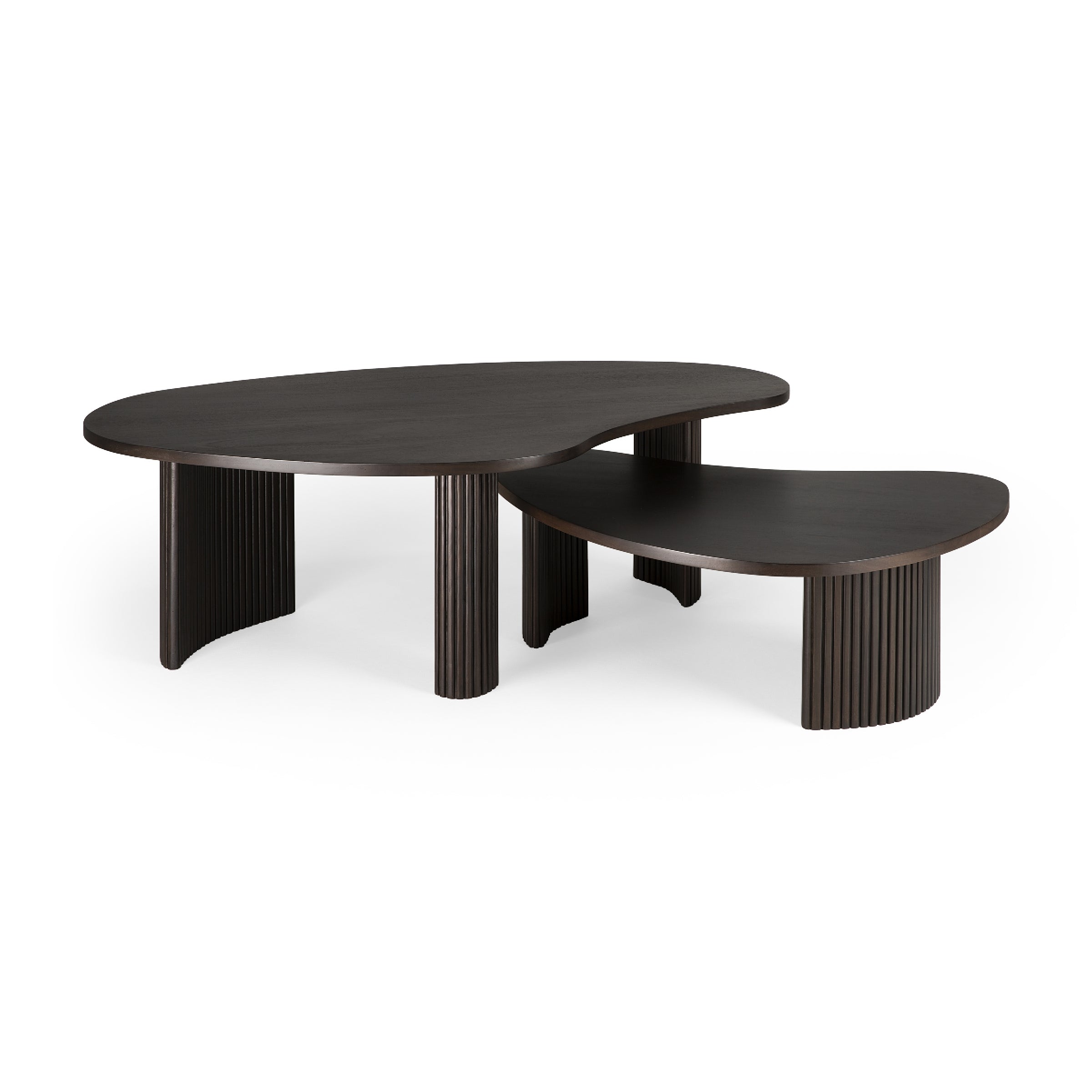 Boomerang Coffee Table with sleek, curved design, dark varnished wood, and sturdy fluted legs for modern living spaces.