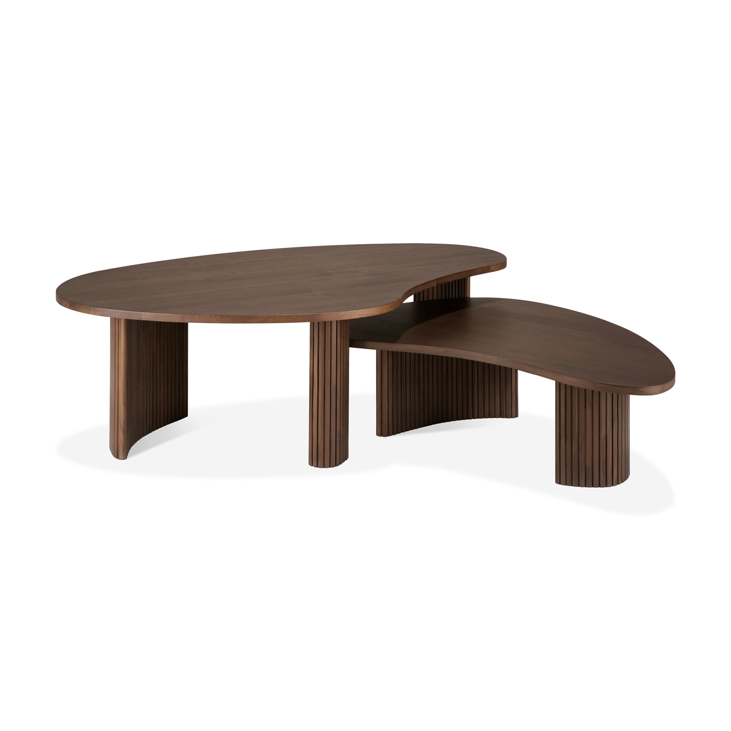 Boomerang Coffee Table by Ethnicraft with dark brown varnished teak and mahogany in sleek modern design