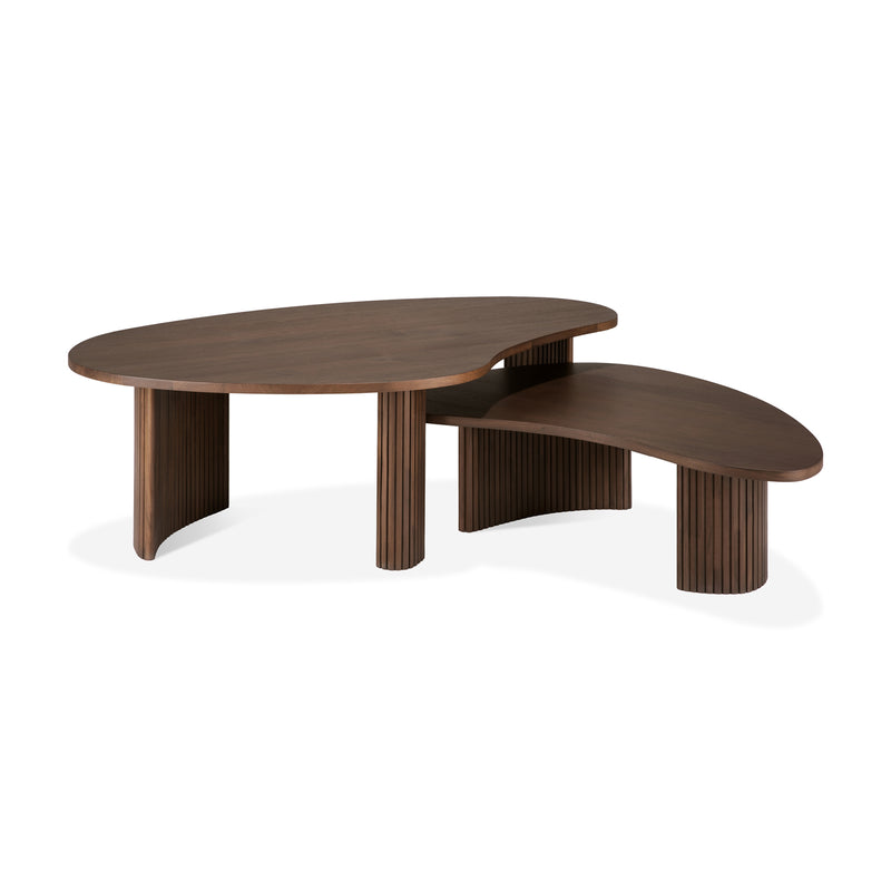 Boomerang Coffee Table by Ethnicraft with dark brown varnished teak and mahogany in sleek modern design