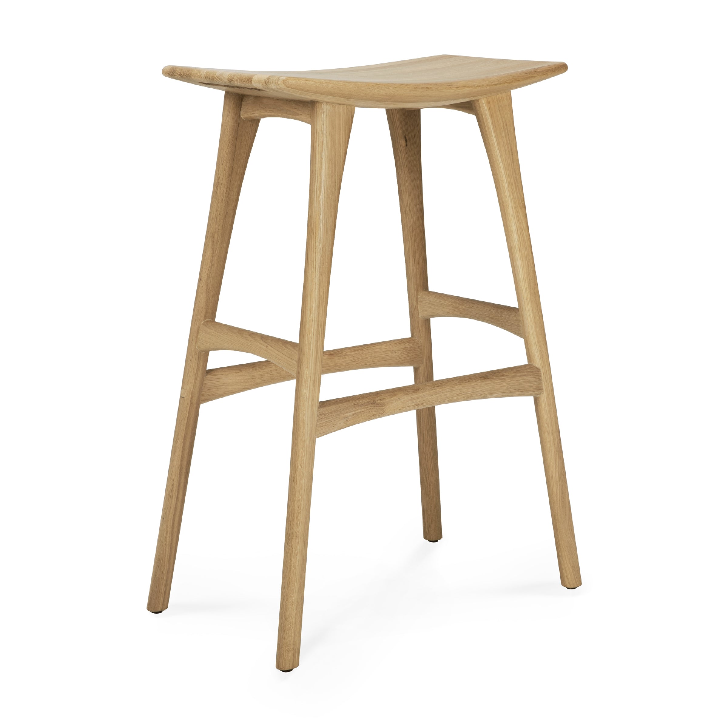 Osso Bar Stool made of varnished oak with a sleek design, ideal for bar or standing desk seating.