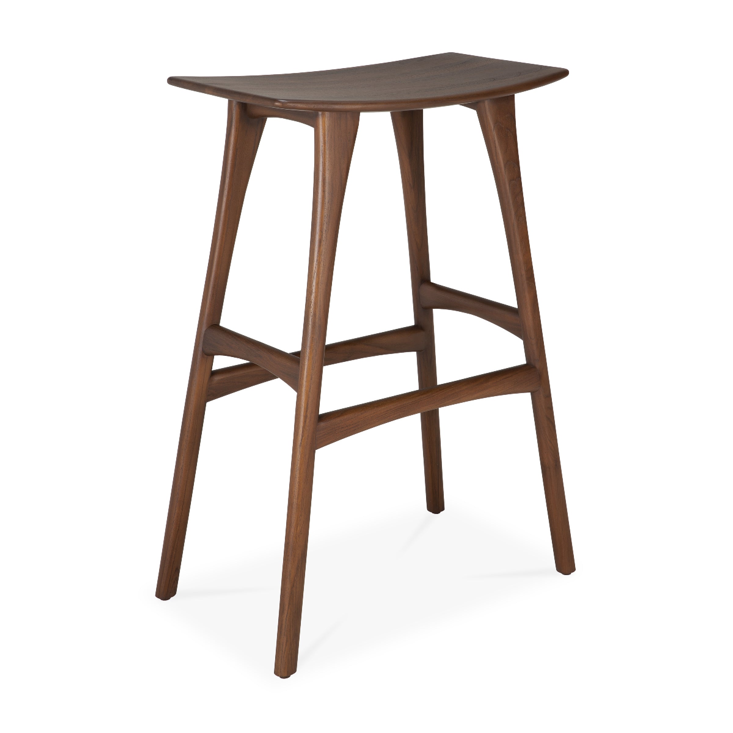 Osso Bar Stool in varnished teak brown with sleek curved seat and tapered legs for versatile use.