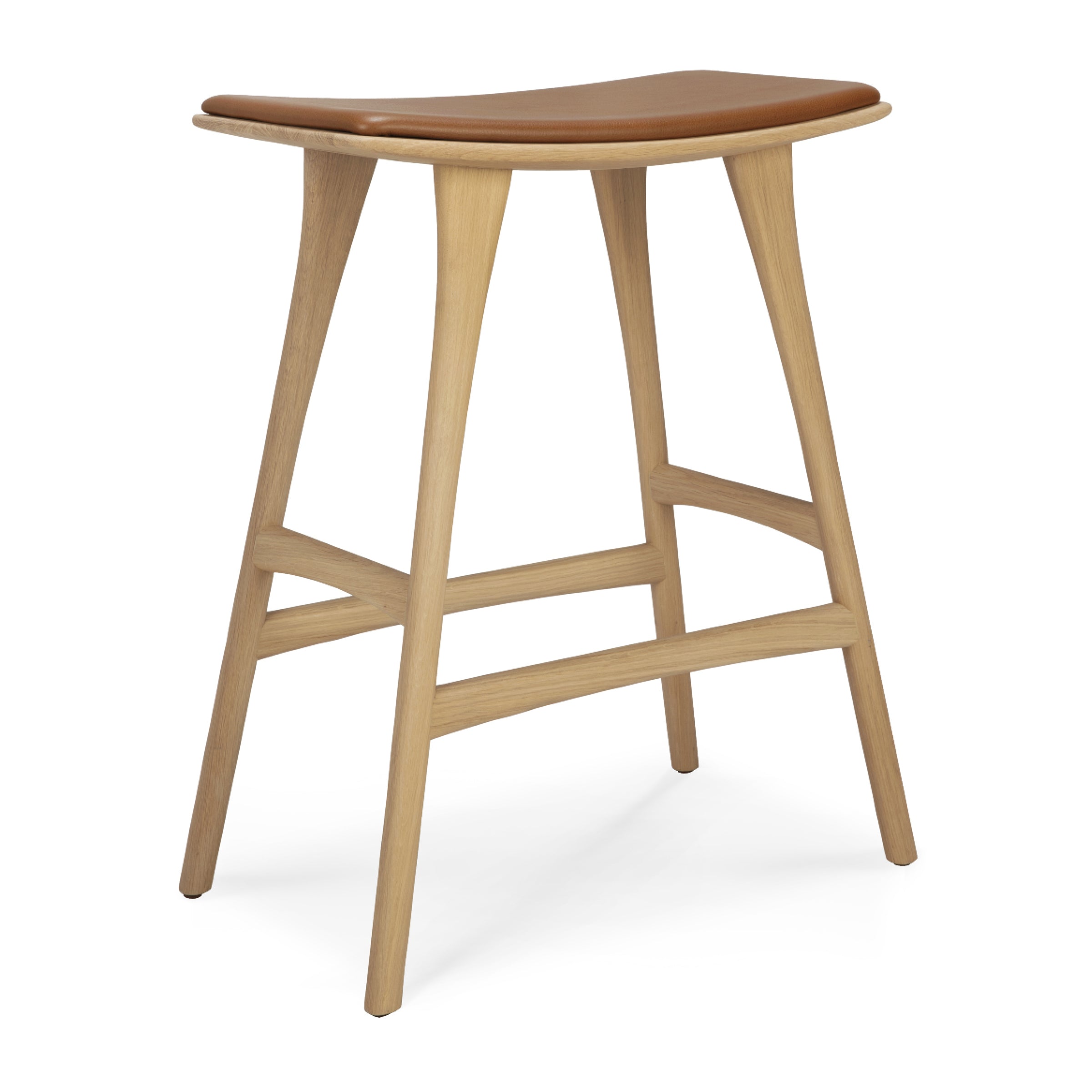 Osso Counter Stool with varnished oak frame and cognac leather upholstered seat, designed by Alain Van Havre.