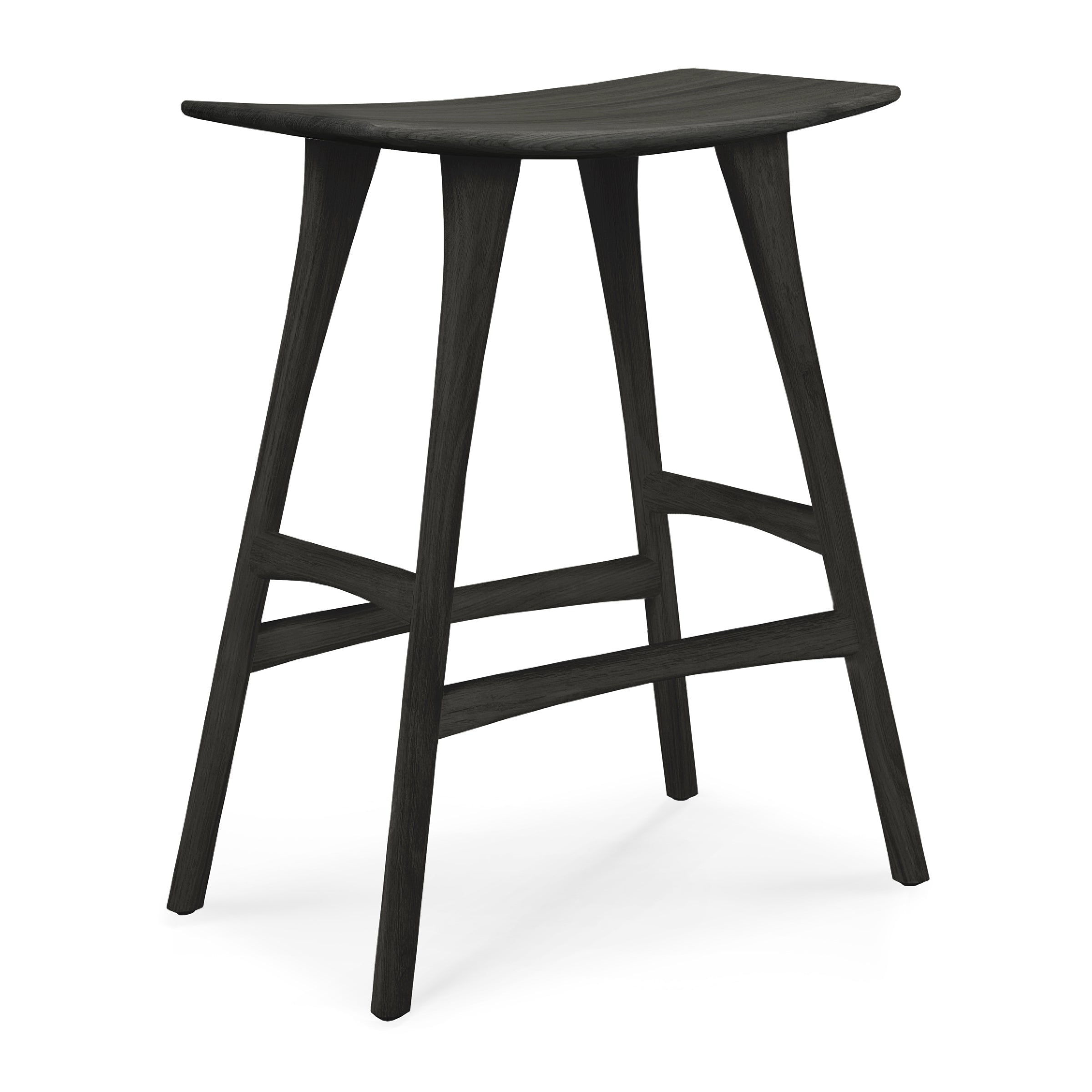 Osso Counter Stool in varnished black oak with a curved seat and sturdy angled legs for kitchen or bar use.
