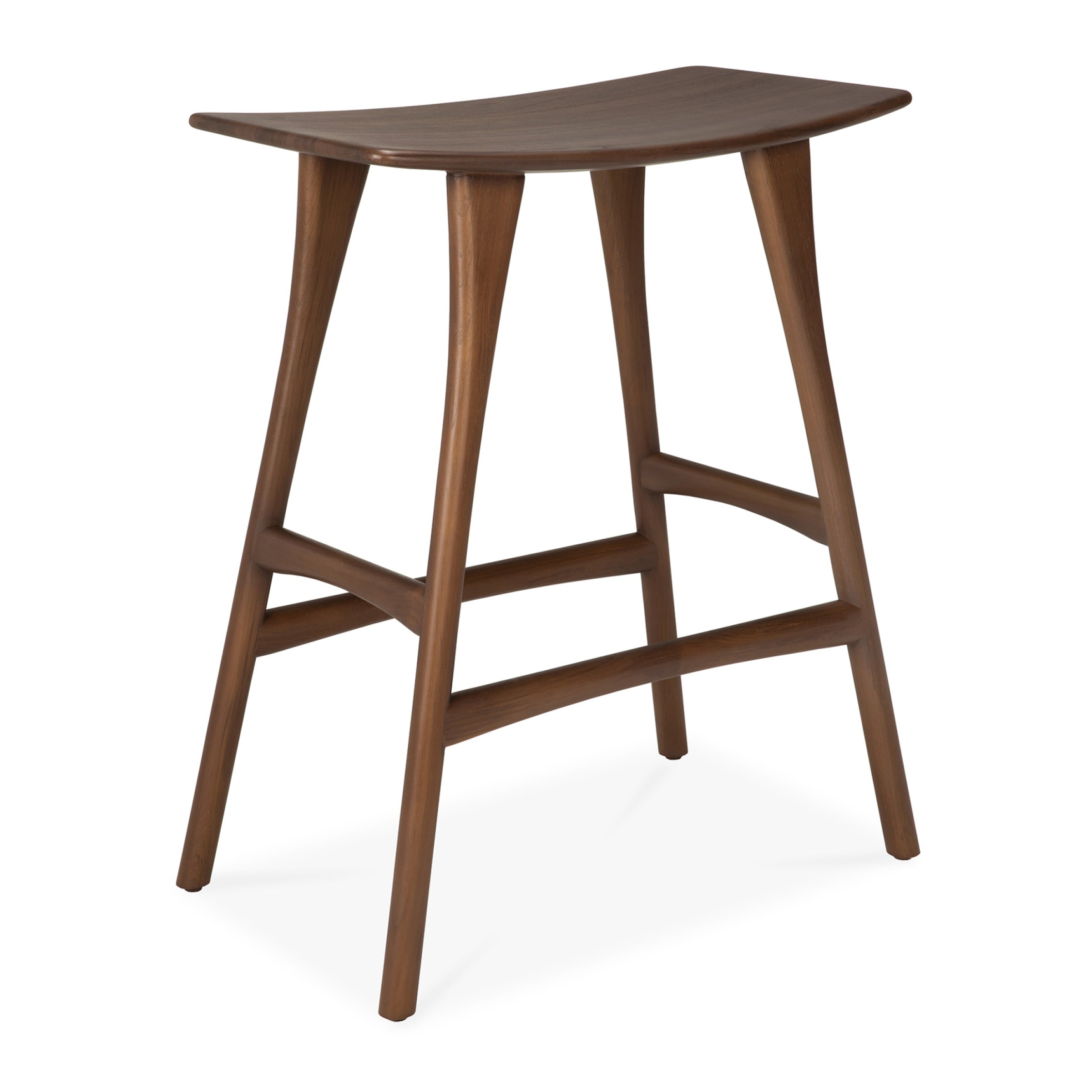Osso Counter Stool in solid varnished teak with sleek curved seat and sturdy four-leg design against white background