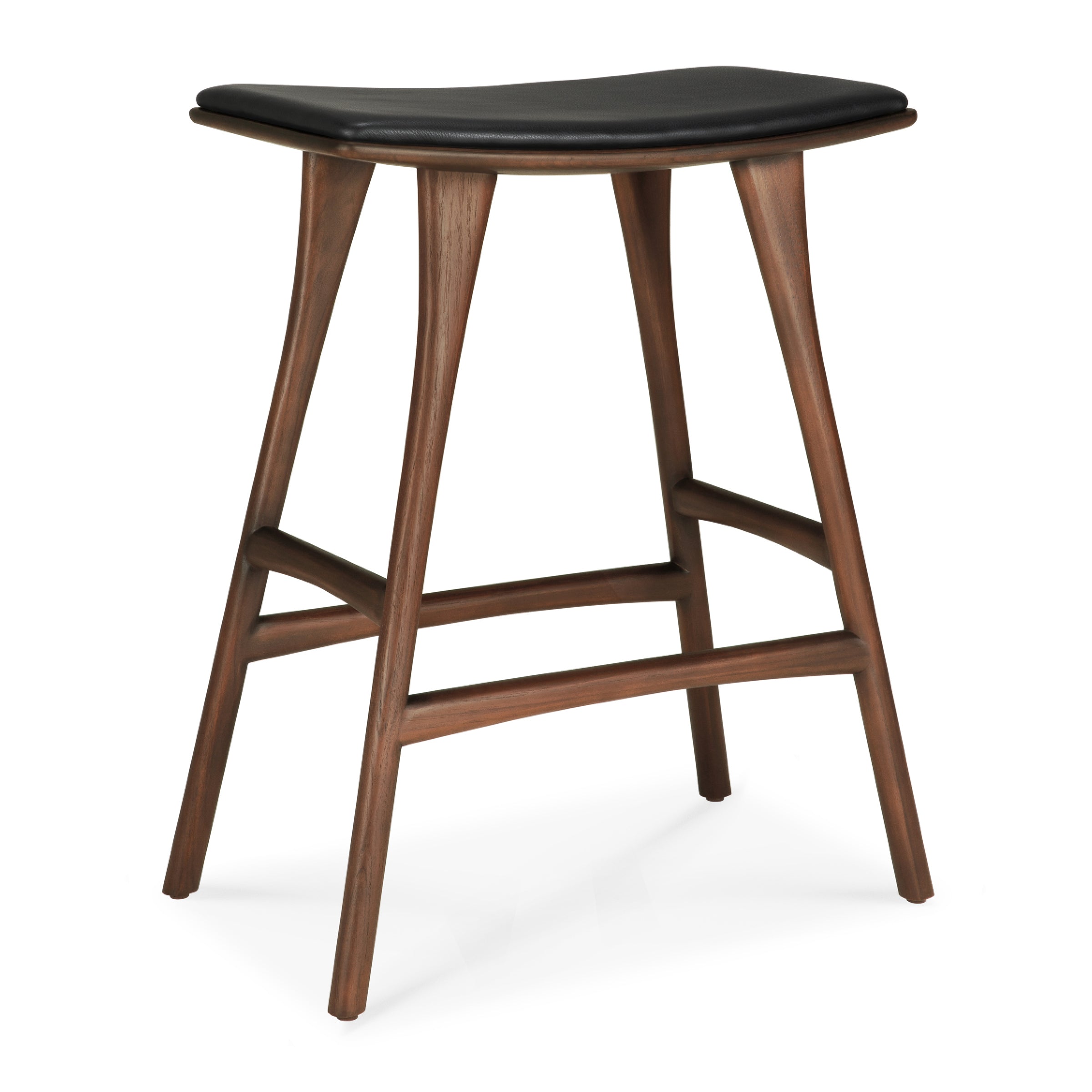 Osso Counter Stool with varnished teak frame and black leather upholstered seat for elegant kitchen seating.