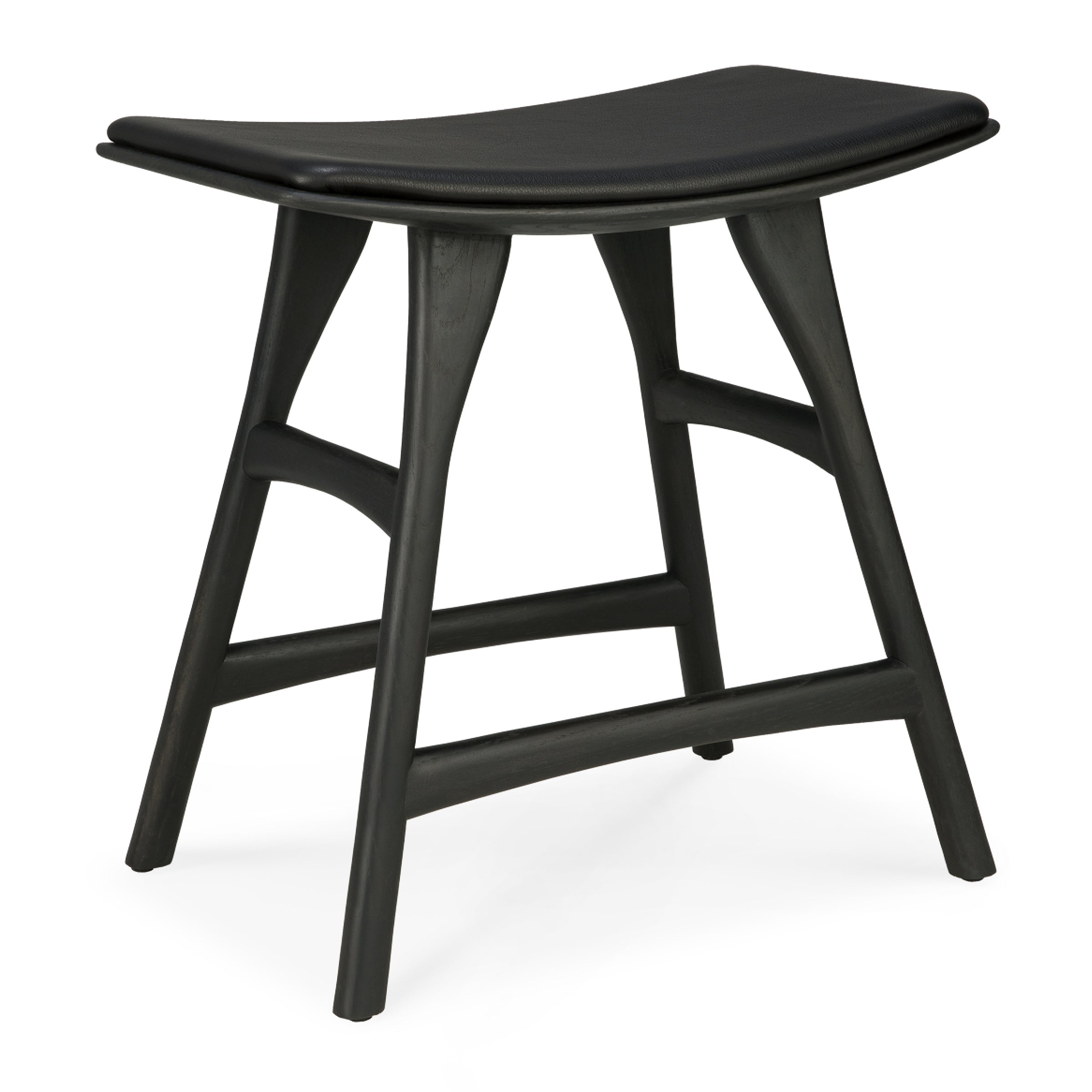 The Ethnicraft Osso Stool is a modern black teak wood seat with a curved top, angled legs, and minimalist design—perfect for stylish, designer seating.