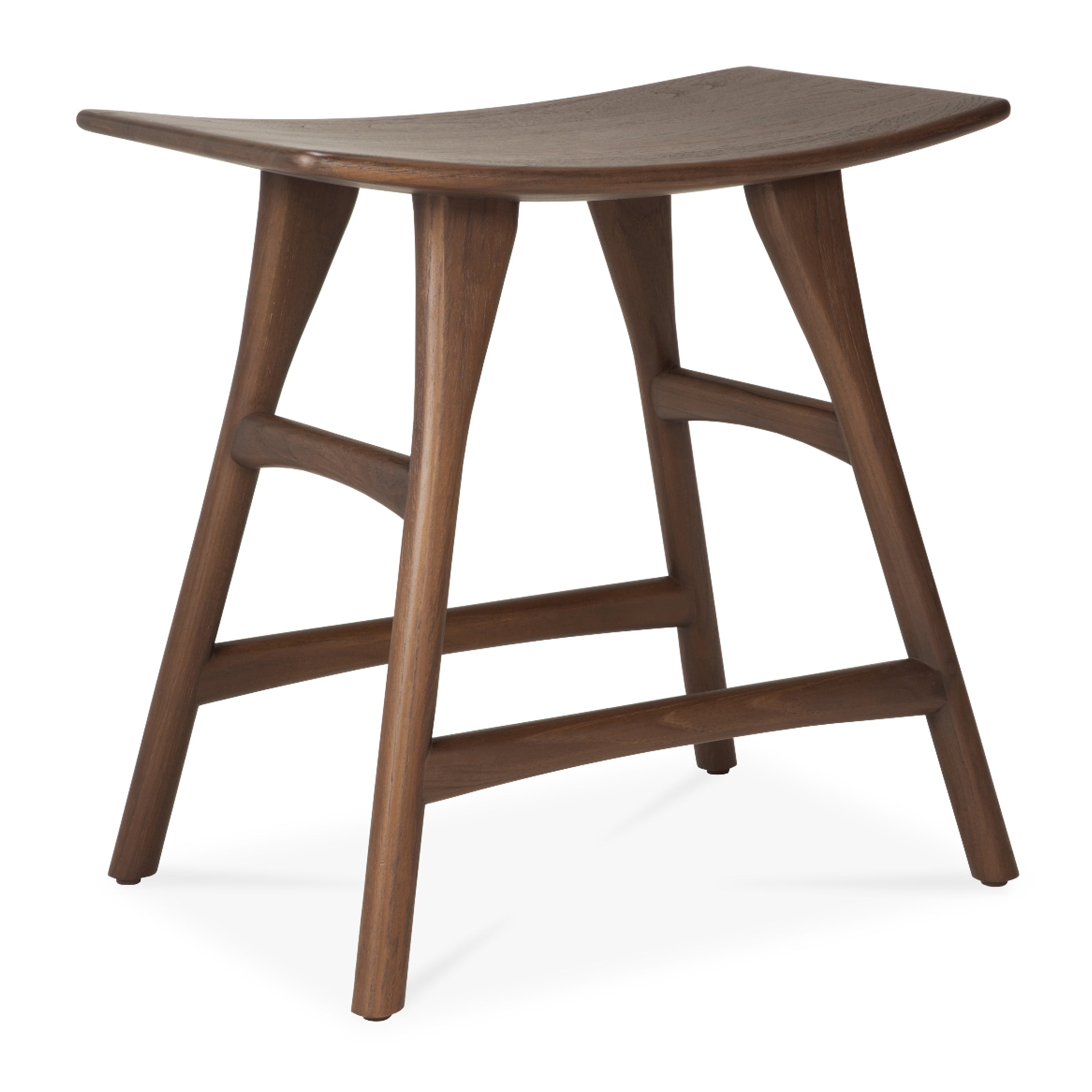 The Ethnicraft Osso Stool features a curved seat and four splayed legs, showcasing a minimalist, mid-century modern design crafted from oak or teak with a dark brown finish.