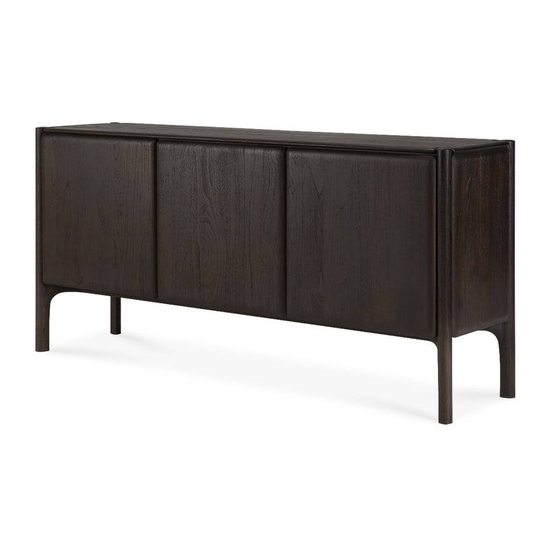 Pi Sideboard in dark varnished teak with three doors, minimalist design and spacious storage compartments.