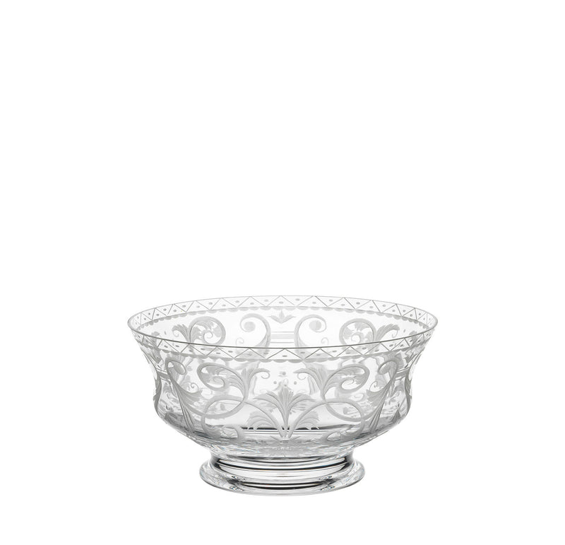 The Drinking Set No. 231 - Barock by Lobmeyr features an intricately engraved ornament design reminiscent of Viennese Baroque glass. Its wide rim and small pedestal base showcase elegant craftsmanship in mouth-blown, lead-free crystal against a plain white background.