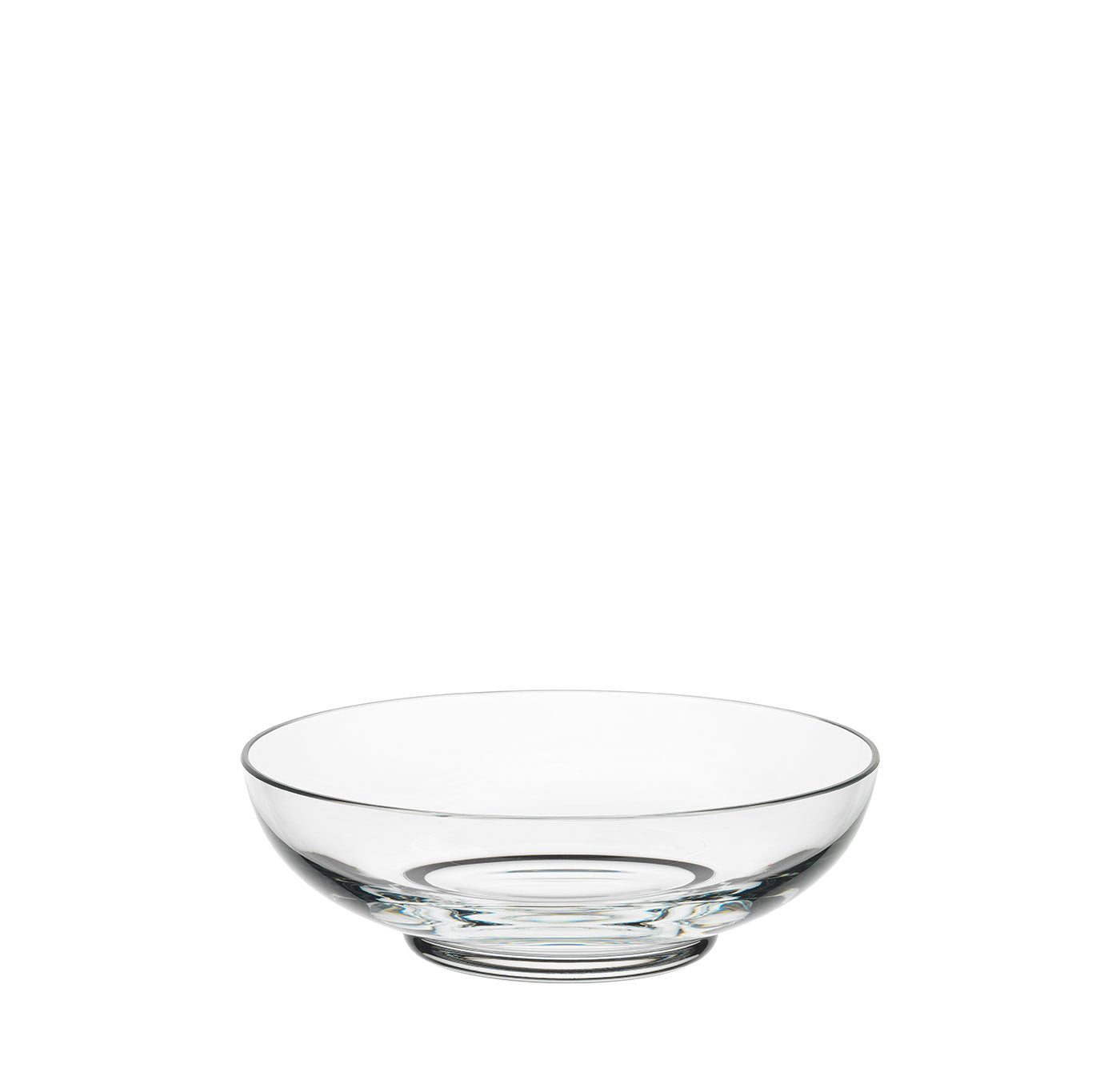 A clear, round glass bowl from the Lobmeyr Drinking Set No. 231 - Barock, without engraving, sits on a plain white background. With a wide open top and slightly narrower base, it resembles Viennese Baroque glass, ideal for holding small items or serving food with timeless charm.