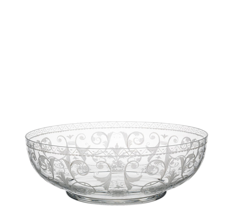 The Drinking Set No. 231 - Barock by Lobmeyr features a clear glass bowl with ornate, swirling engraved patterns reminiscent of Viennese Baroque style, complementing its shallow form and wide, open top.