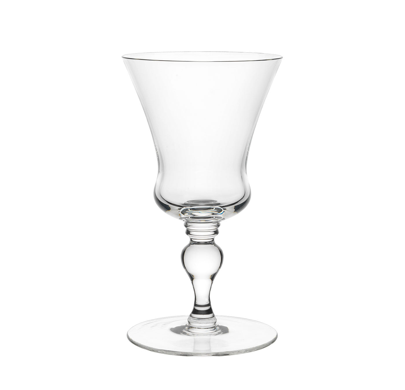 The Drinking Set No. 231 - Barock by Lobmeyr features a clear, mouth-blown lead-free crystal wine glass with a wide rim, slender stem, and round base. Its subtly curved bowl and intricate stem details reflect the elegance of Viennese Baroque glass against a plain white background.