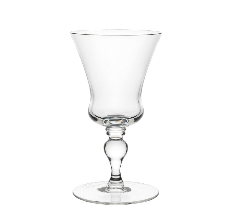 The Drinking Set No. 231 - Barock by Lobmeyr features a clear, mouth-blown lead-free crystal wine glass with a wide rim, slender stem, and round base. Its subtly curved bowl and intricate stem details reflect the elegance of Viennese Baroque glass against a plain white background.