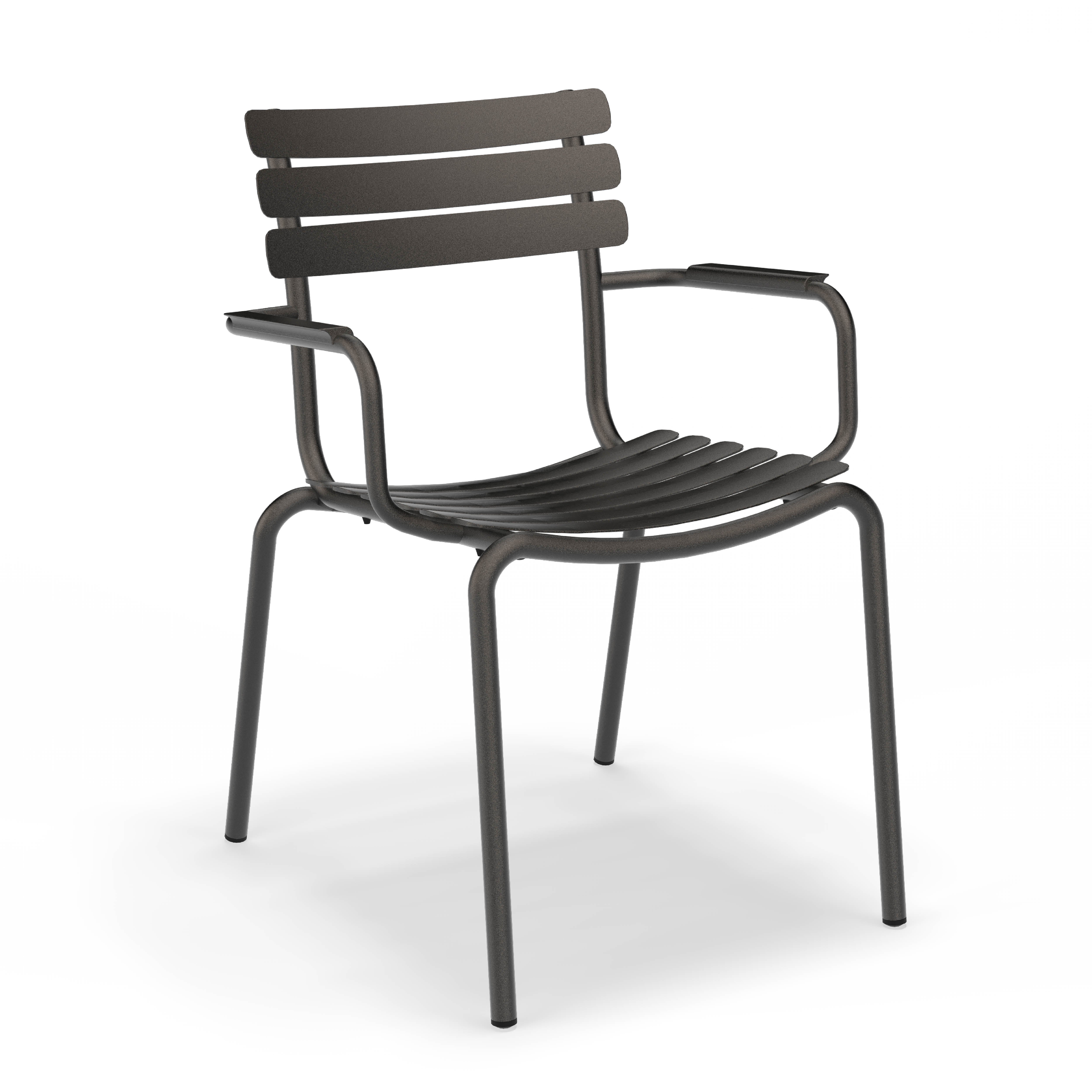 The Alua Dining Chair with Armrest by Houe features horizontal slats on the seat and backrest, armrests, four straight legs, and a dark finish. This versatile chair elegantly stands out against a plain white background.