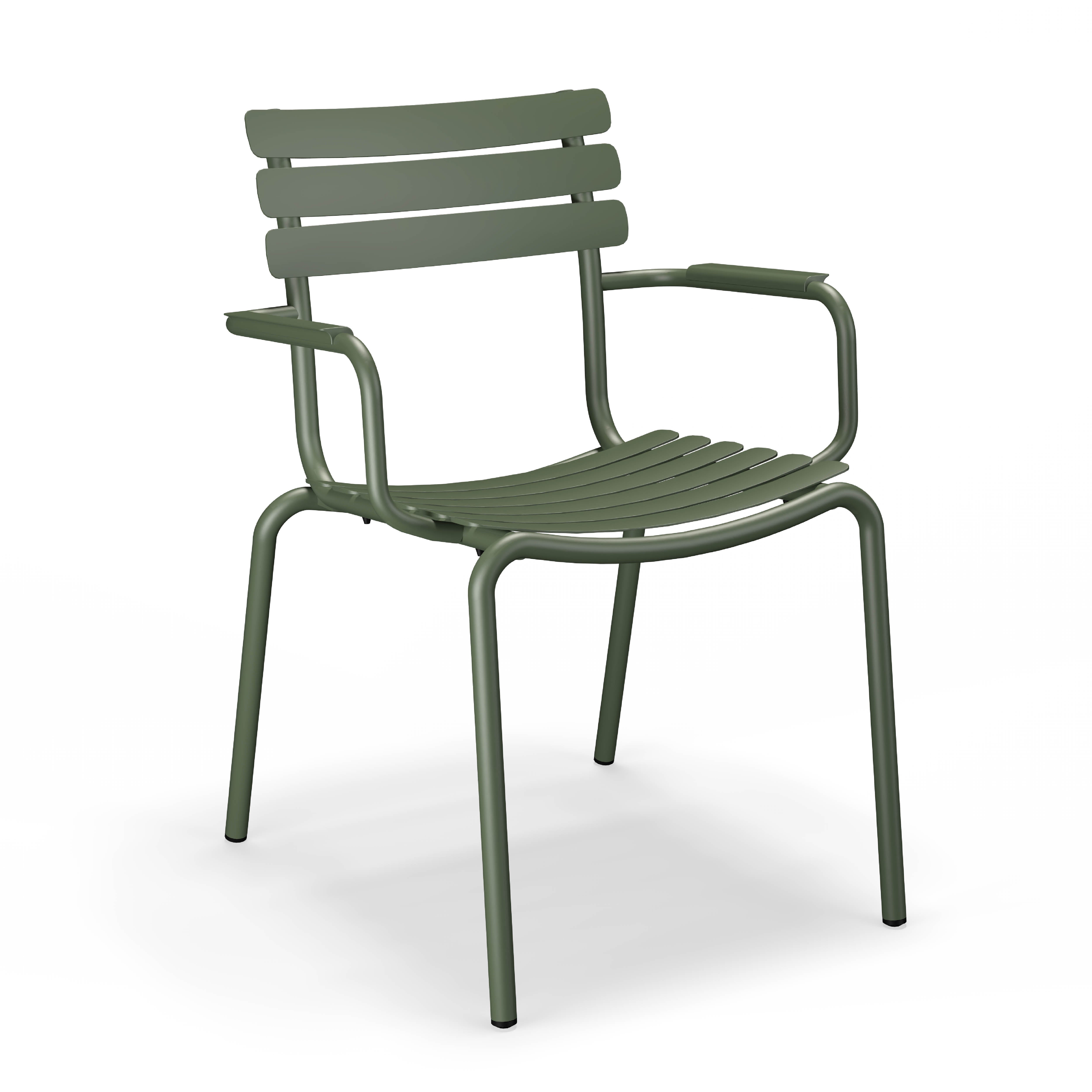 The Alua Dining Chair with Armrest by Houe features a minimalist, modern design in green aluminum with a slatted back and seat, armrests, and four straight legs. Made entirely of metal, it stands against a plain white background.