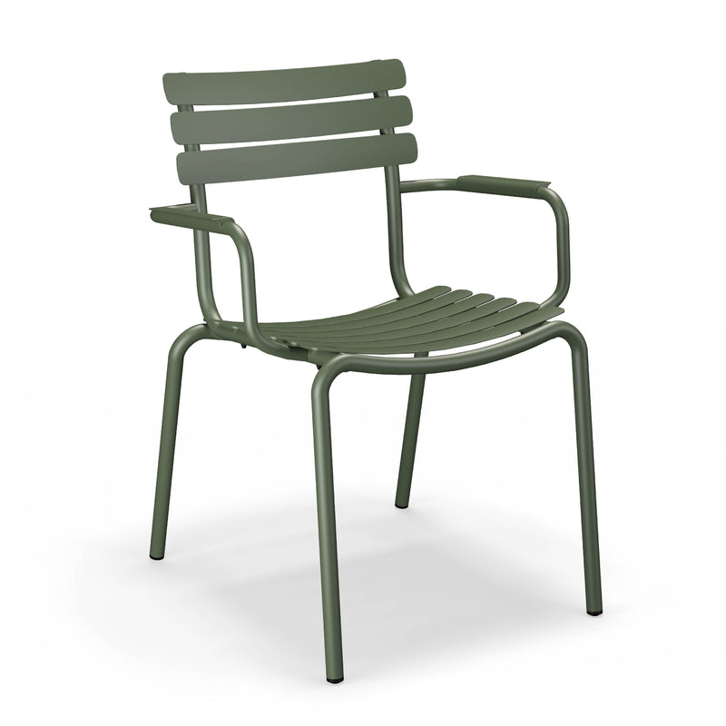 The Alua Dining Chair with Armrest by Houe features a minimalist, modern design in green aluminum with a slatted back and seat, armrests, and four straight legs. Made entirely of metal, it stands against a plain white background.