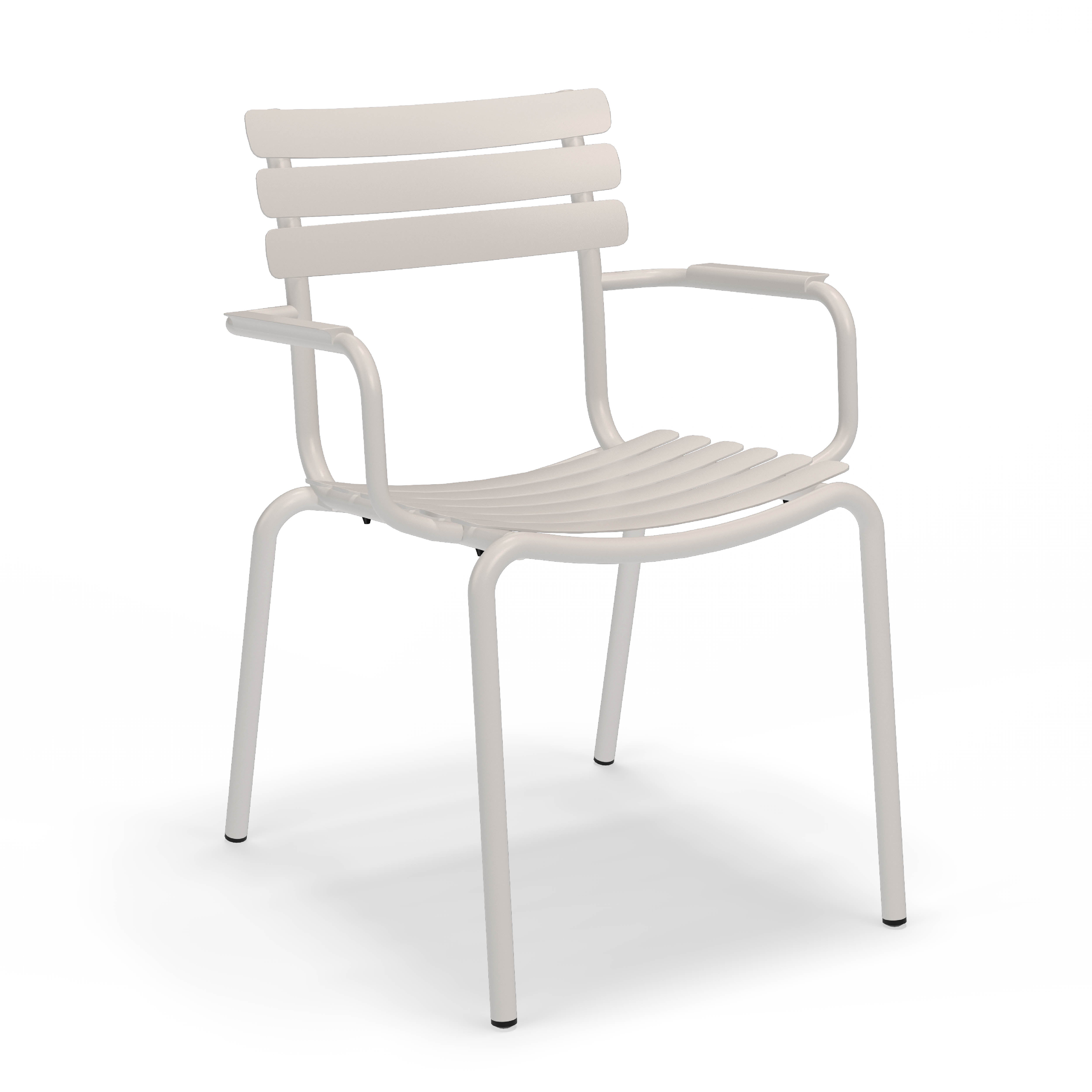 The Alua Dining Chair with Armrest by Houe offers modern design with aluminum construction, featuring horizontal slats on the backrest and seat, armrests, and four straight legs. Its sleek style is enhanced by its stackable nature for easy storage without compromising on aesthetics.