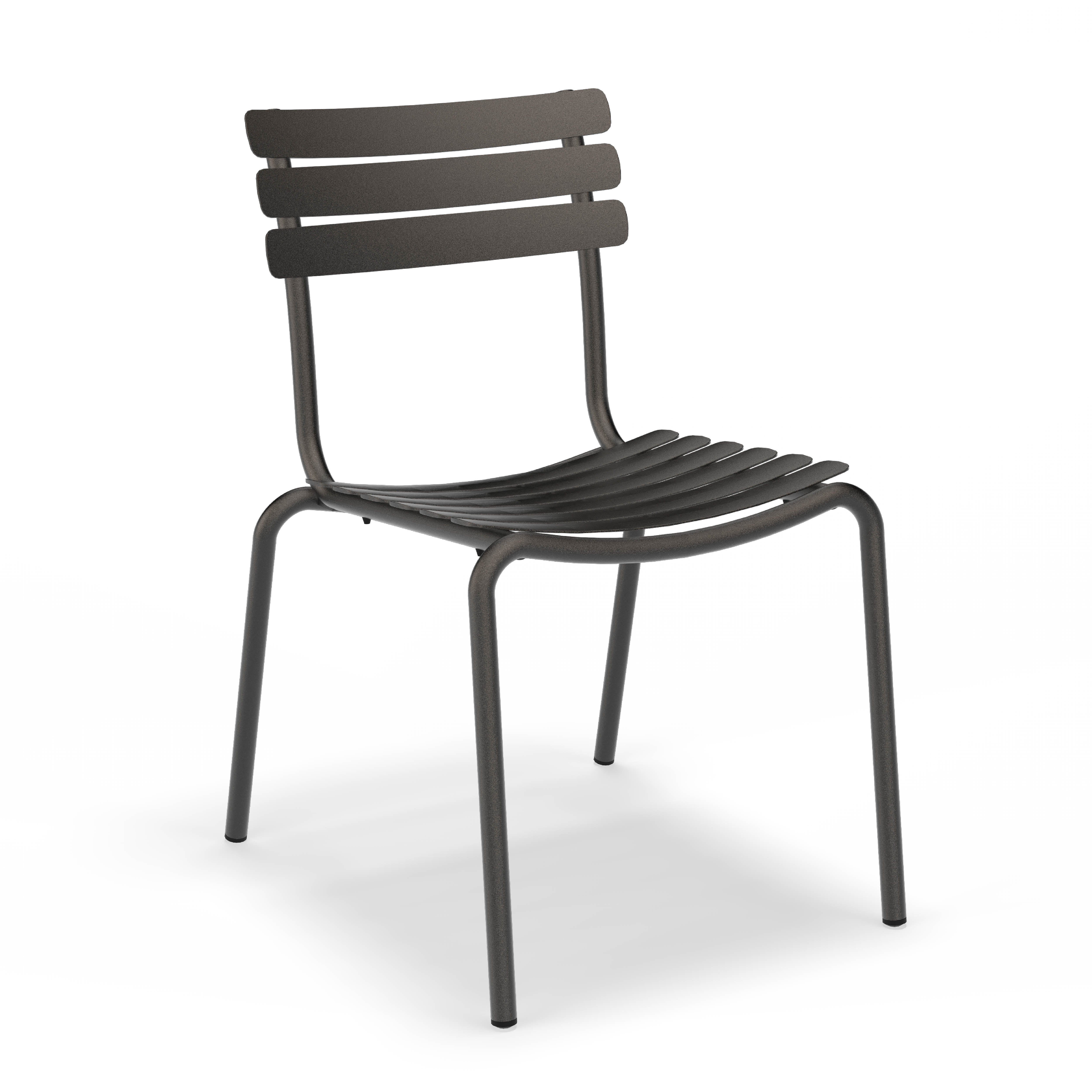 The Alua Dining Chair by Houe is a stackable, dark grey aluminum chair with a minimalist style. It features a slatted backrest and seat for versatile seating, while its four straight legs and slightly curved seat enhance comfort.