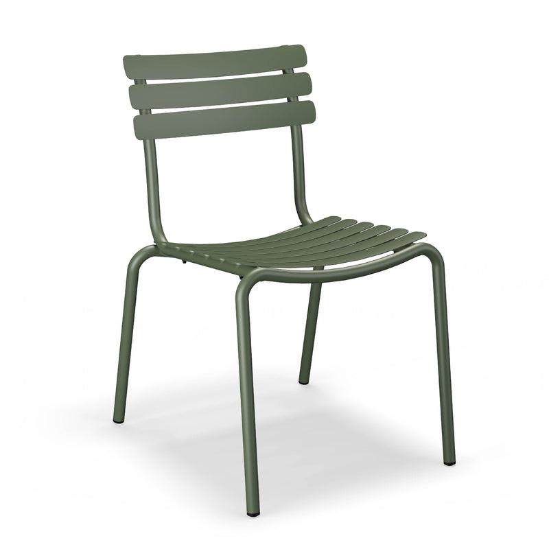 The Alua Dining Chair without Armrest by Houe features a green metal design with a slatted backrest and seat, crafted from durable aluminum. With four straight legs, this stackable chair offers versatile seating and a modern look, all set against a plain white background.