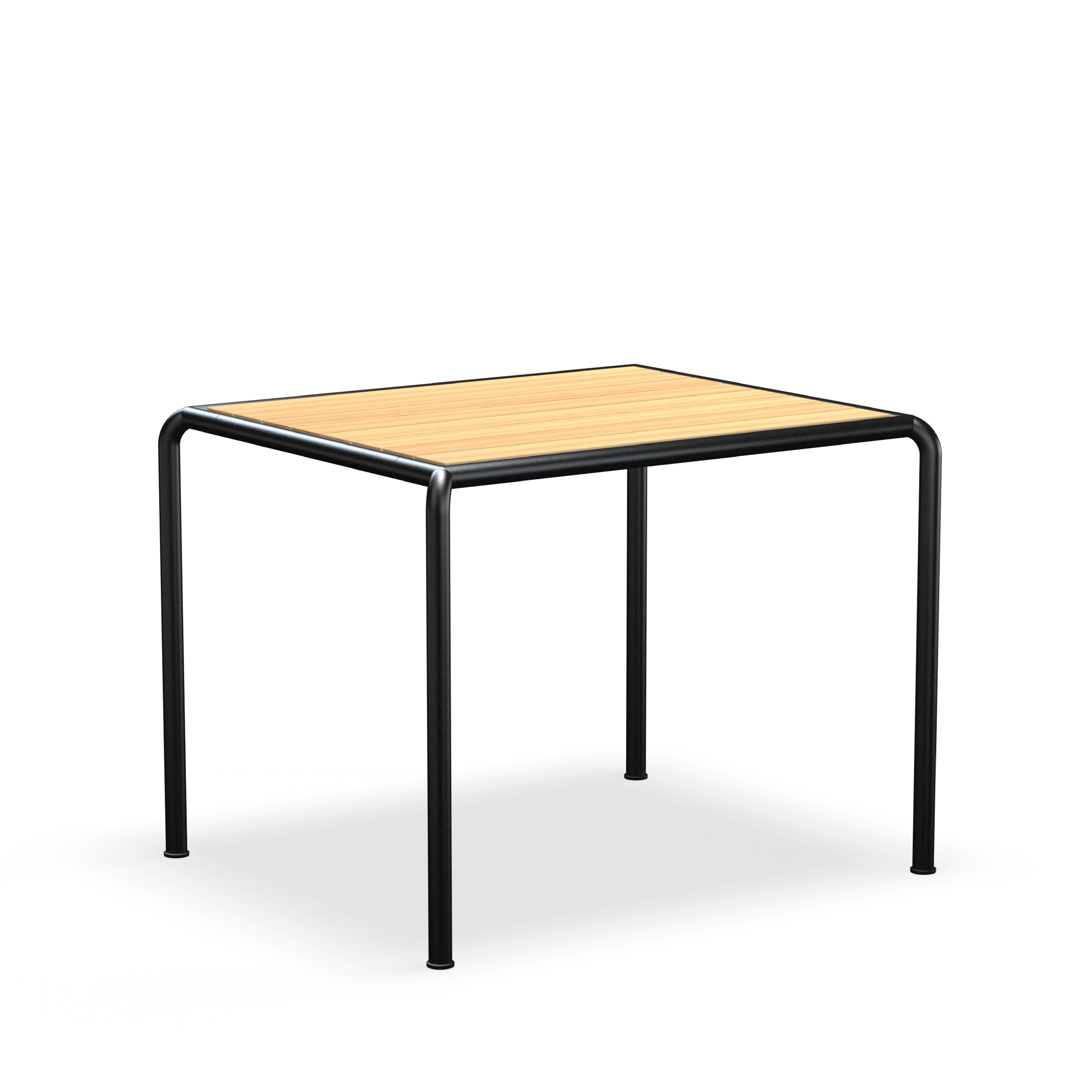 Introducing the Avanti Table by Houe: a square table featuring a light wood top and sleek black metal legs, all set against a white background.