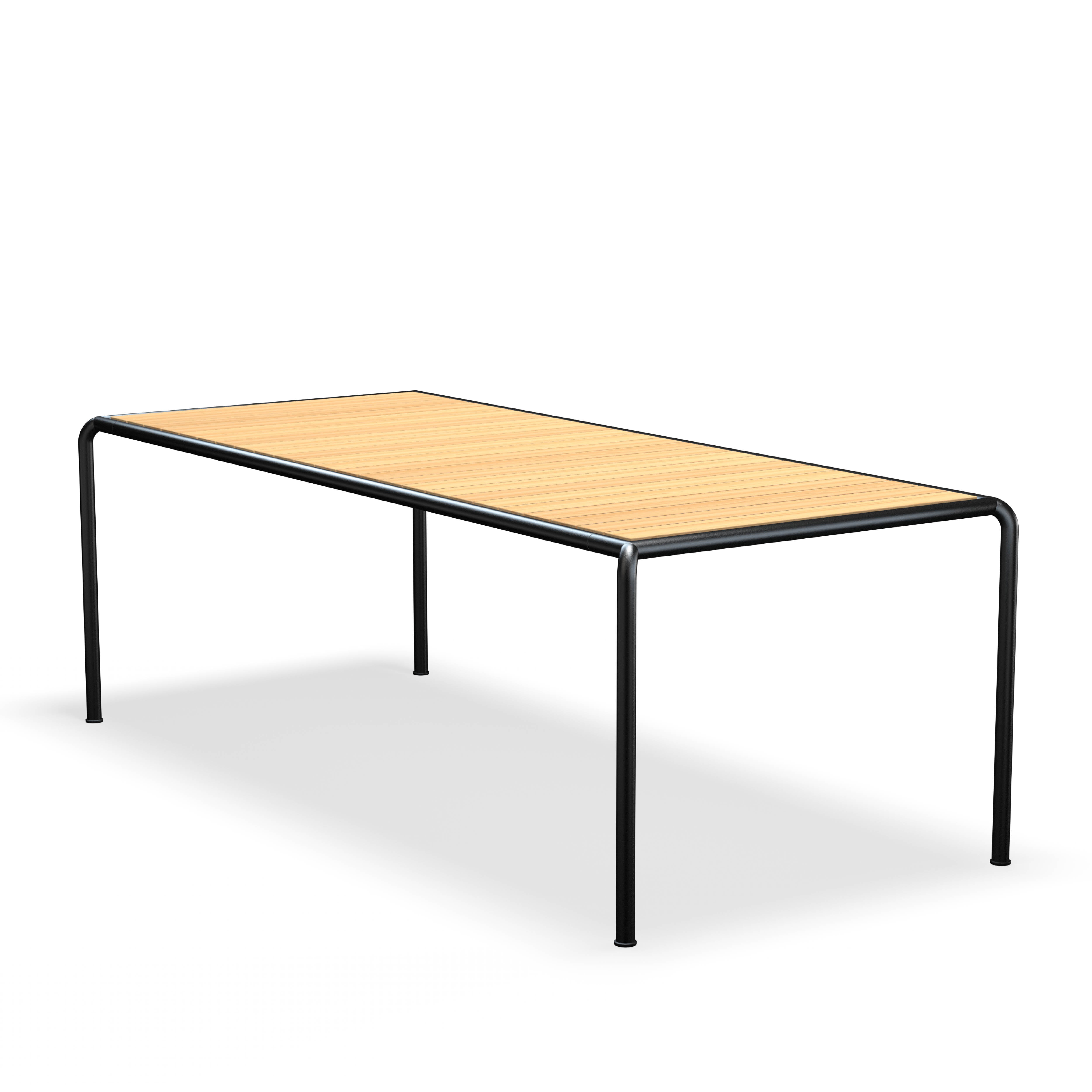 The Avanti Table by Houe showcases a minimalist rectangular wooden design, featuring a light wood surface and sleek black metal legs, beautifully casting shadows on white backgrounds to fit any contemporary space.