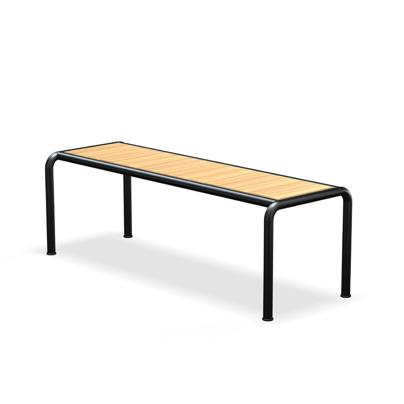 Introducing the Avanti Bench by Houe, an elegant blend of minimalism and innovation. Featuring a light wooden seat, sleek black metal frame, and four rounded legs, it enhances any space effortlessly, ideal for indoor and outdoor use.