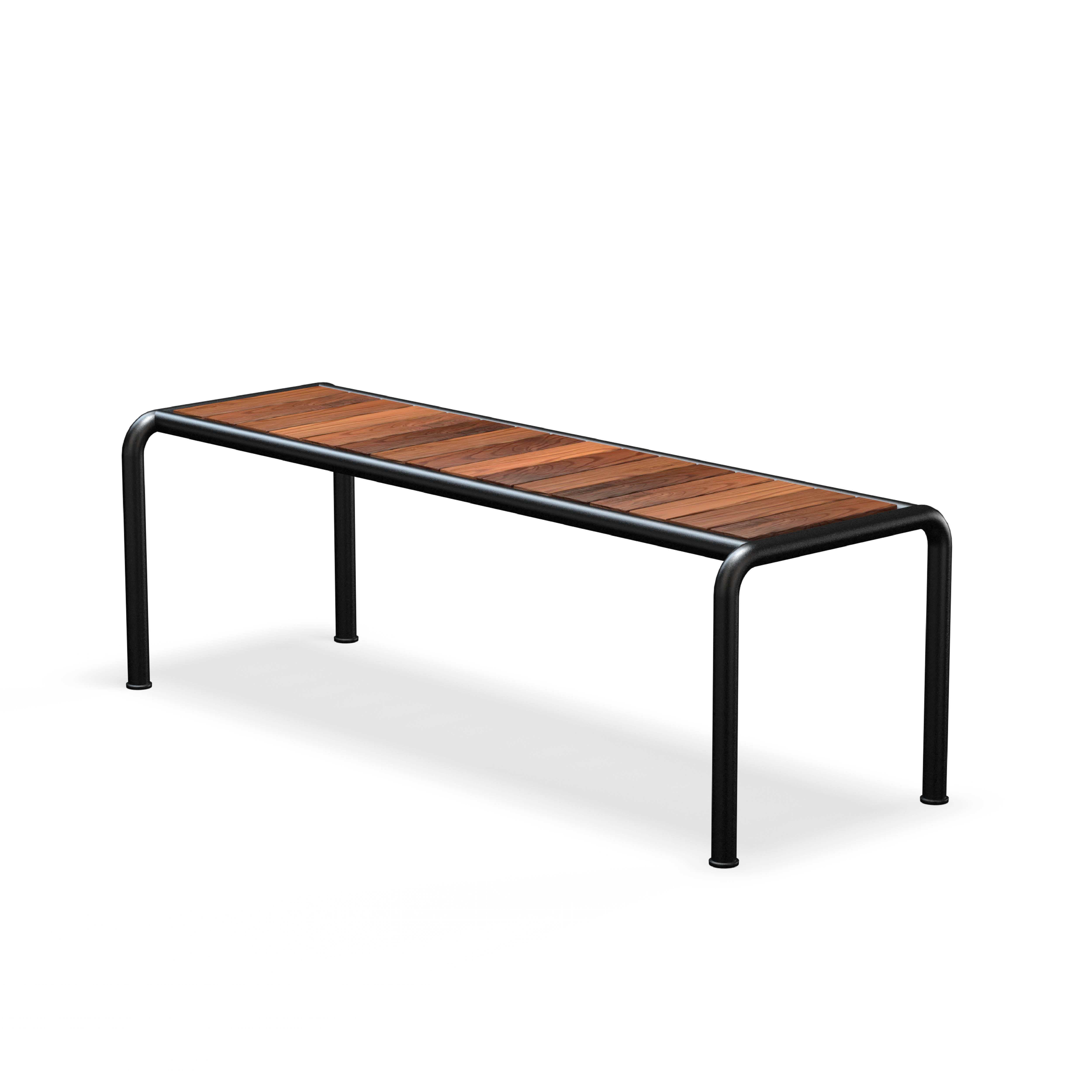 The Avanti Bench by Houe showcases an innovative design with a dark metal frame and slatted wooden seat. Its rectangular shape and four-leg structure provide a minimalistic style, ideal for outdoor and indoor use.