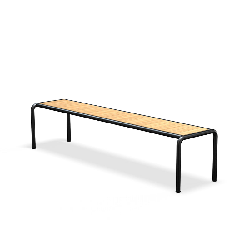 The Houe Avanti Bench features an innovative design with a minimalistic aesthetic, showcasing a light wooden slat seat and a black metal frame with elegantly curved legs, all set against a plain white backdrop.
