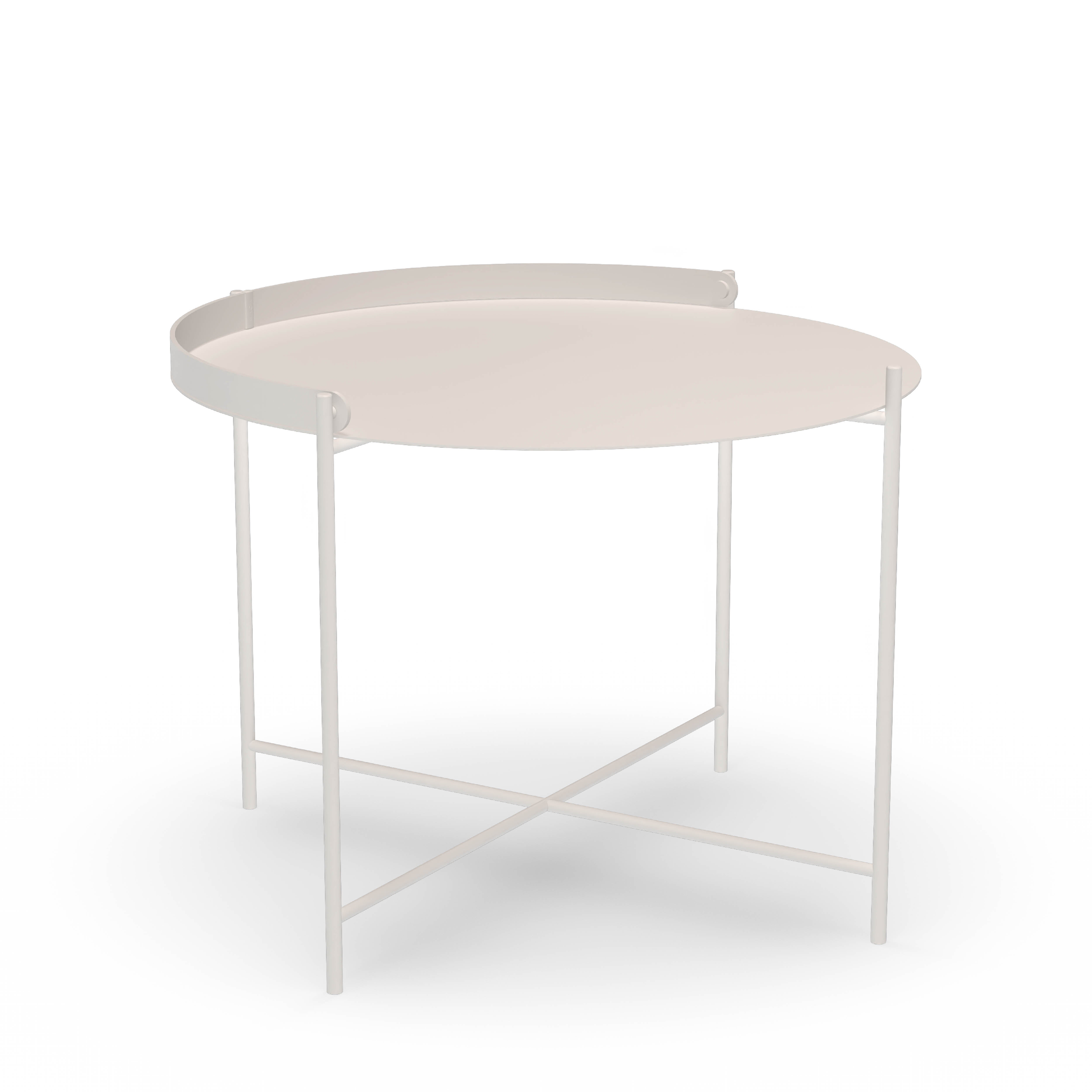 The Houe Edge Tray Table is a minimalist piece crafted from powder-coated steel, featuring a white tray top with a raised edge and thin metal legs that form a cross at the base.