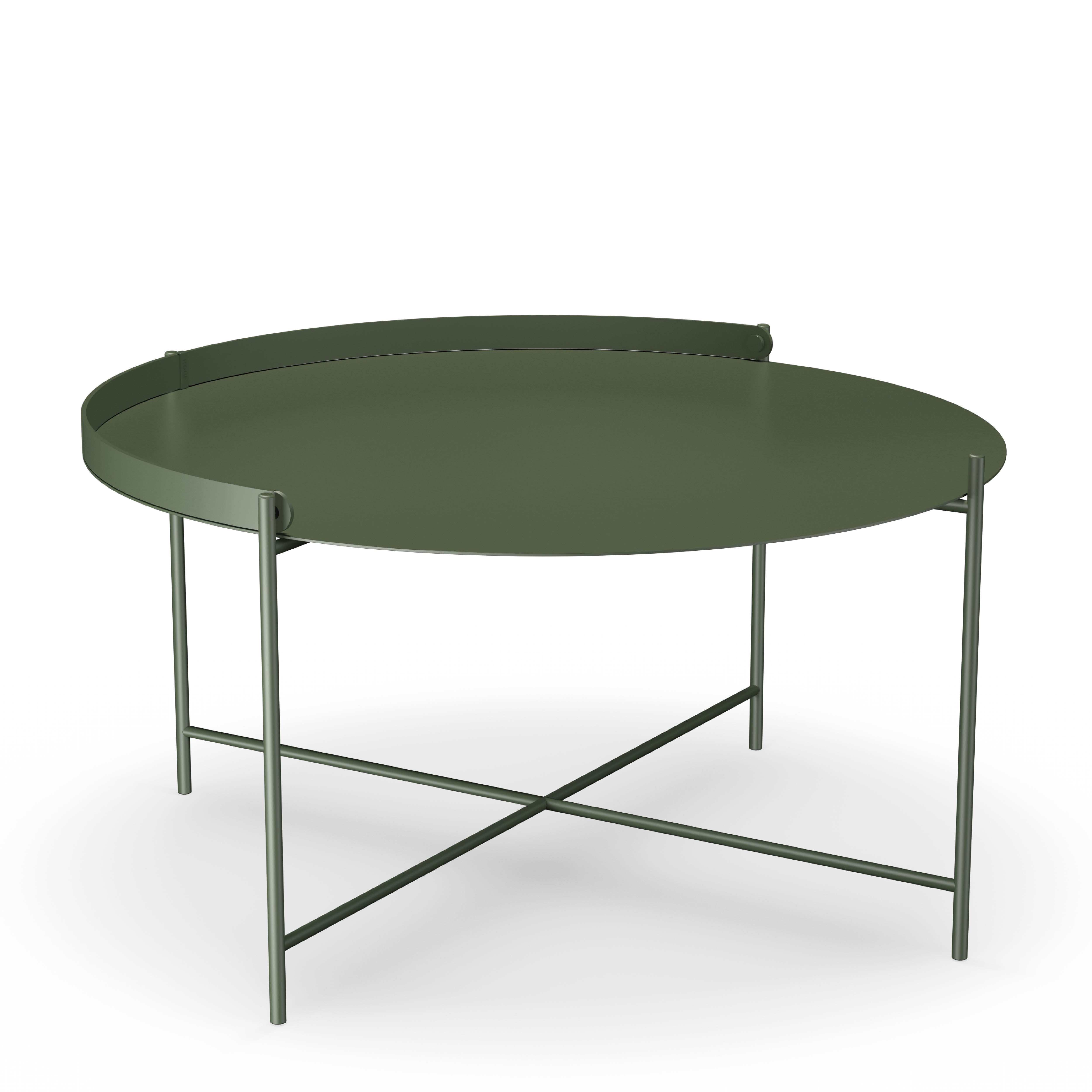 The Edge Tray Table by Houe is a modern green coffee table made from powder-coated steel, featuring a circular top with a raised edge. Its slender X-shaped legs capture minimalist elegance, making it perfect as both a chic side table and functional tray table.