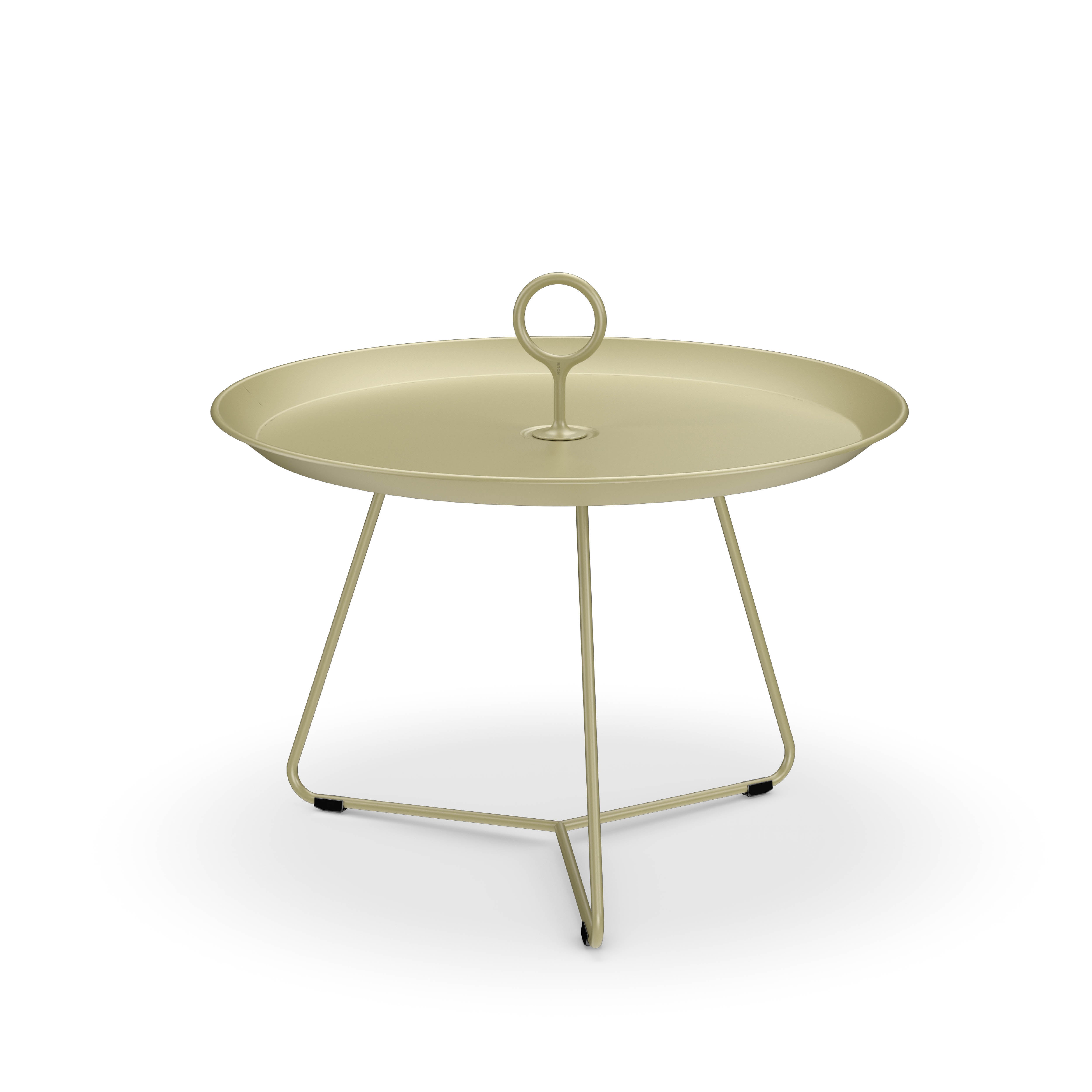 The Eyelet Tray Table by Houe is a light green, round metal table made from powder-coated steel. It features a central handle, sleek legs, and a smooth top with a triangular base, offering a modern and portable tray table aesthetic.