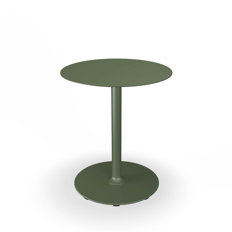 The Pico Table by Houe is a small, round, green metal table with a timeless design and sleek, minimalist aesthetic. Made from powder-coated steel, it features a circular top and central cylindrical pedestal with a sturdy base. Ideal for modern spaces and cozy café tables.