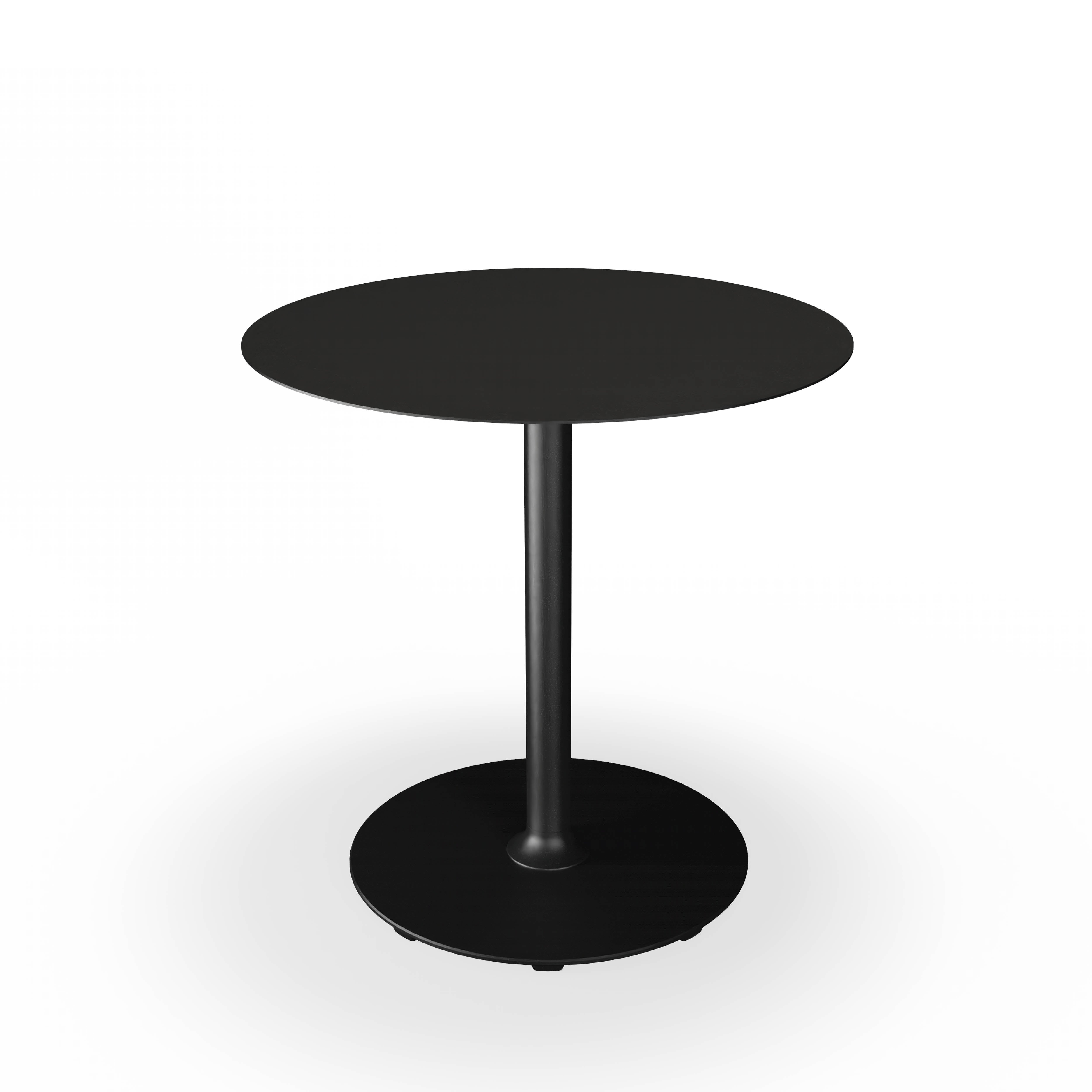 The Pico Table by Houe boasts a timeless round black design with a sturdy powder-coated steel pedestal base. It features a circular platform for stability, echoing classic café tables, all set against a plain white background.