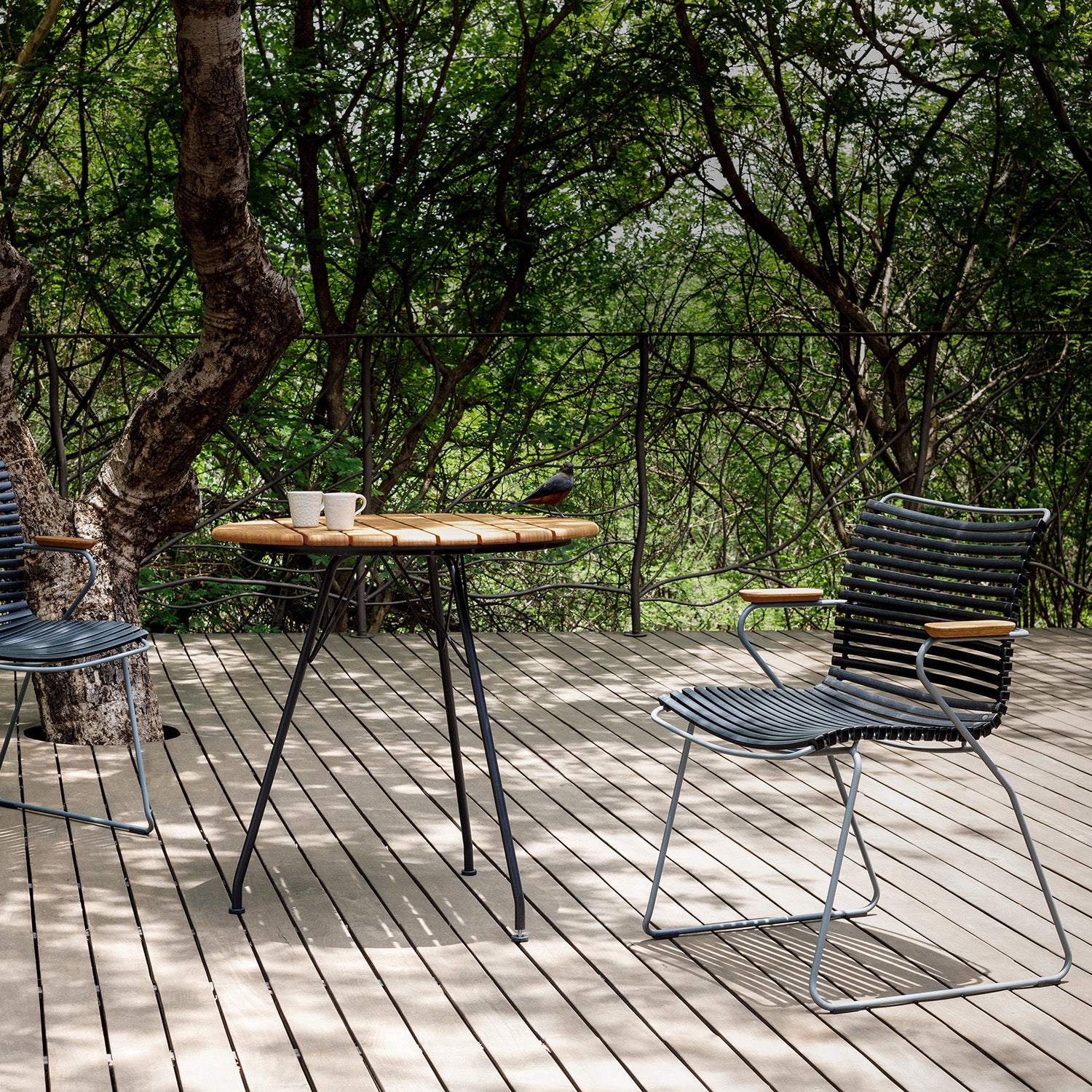A wooden deck features two modern HOUE dining chairs and a Houe Circum Table made of powder-coated steel. Surrounded by lush greenery, a bird perches near two cups, enhancing the serene outdoor ambiance.