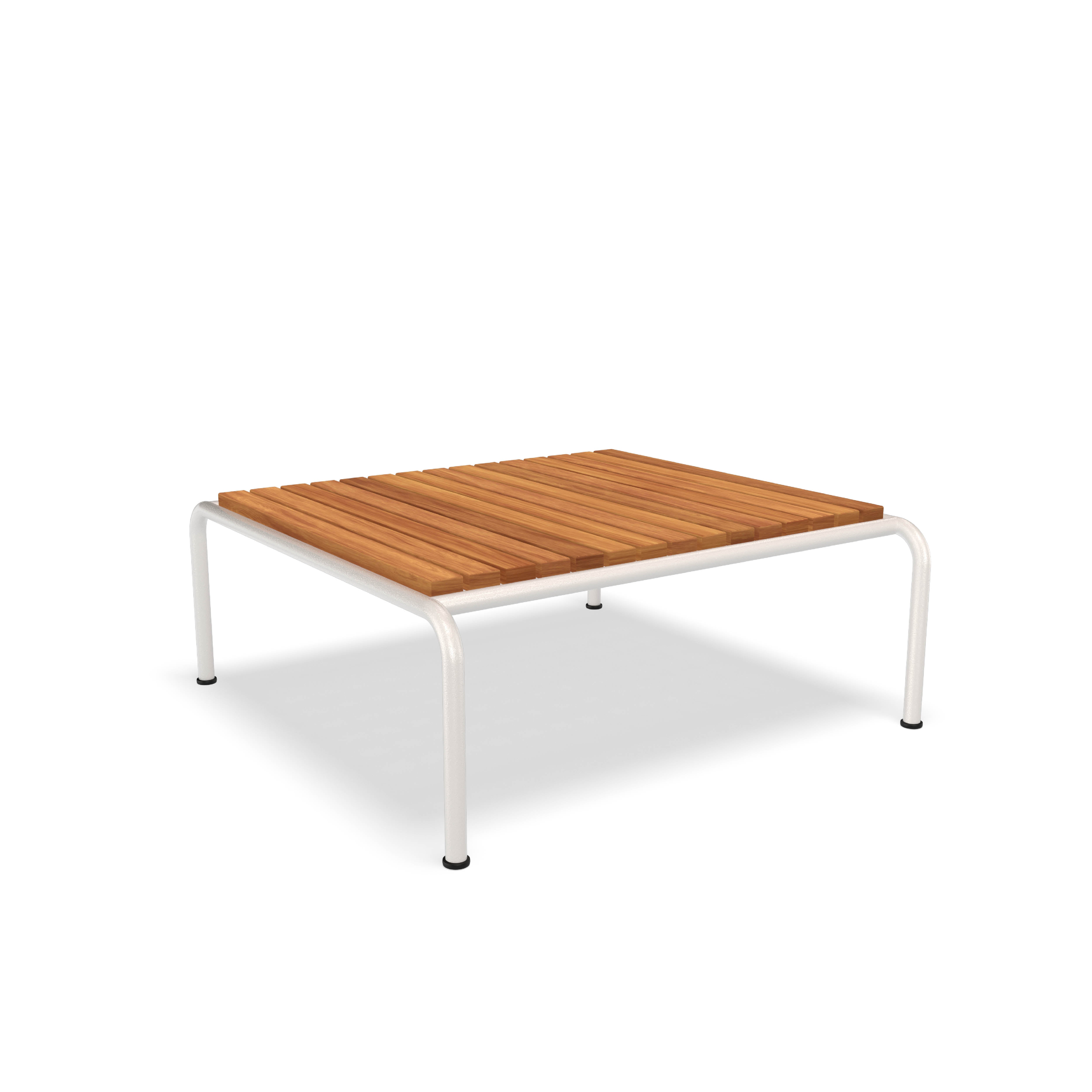 Part of the Houe collection, the Avon Coffee Table features a modern design with square wooden slats and white metal legs. Its minimalist look is sleek and contemporary, ideal for both outdoor and indoor use with weather-resistant qualities. Background remains plain white.