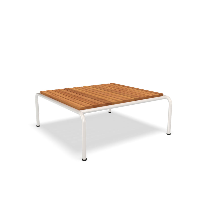 Part of the Houe collection, the Avon Coffee Table features a modern design with square wooden slats and white metal legs. Its minimalist look is sleek and contemporary, ideal for both outdoor and indoor use with weather-resistant qualities. Background remains plain white.