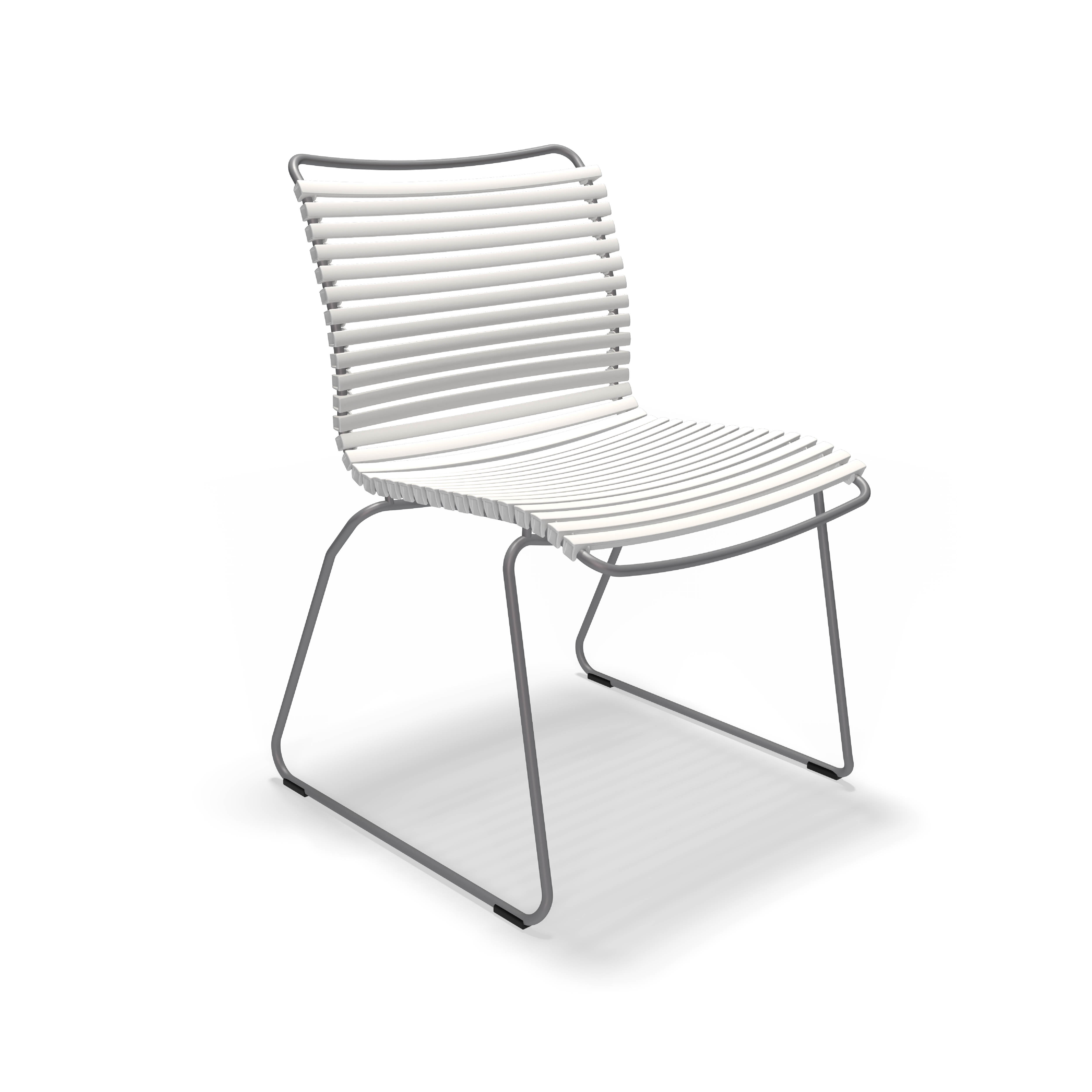 The Houe Click Dining Chair without Armrest is a modern outdoor chair with a sleek metal frame and white plastic lamellas for the seat and back. Its minimalist design includes thin legs, a slightly curved backrest, and weather-resistant construction.