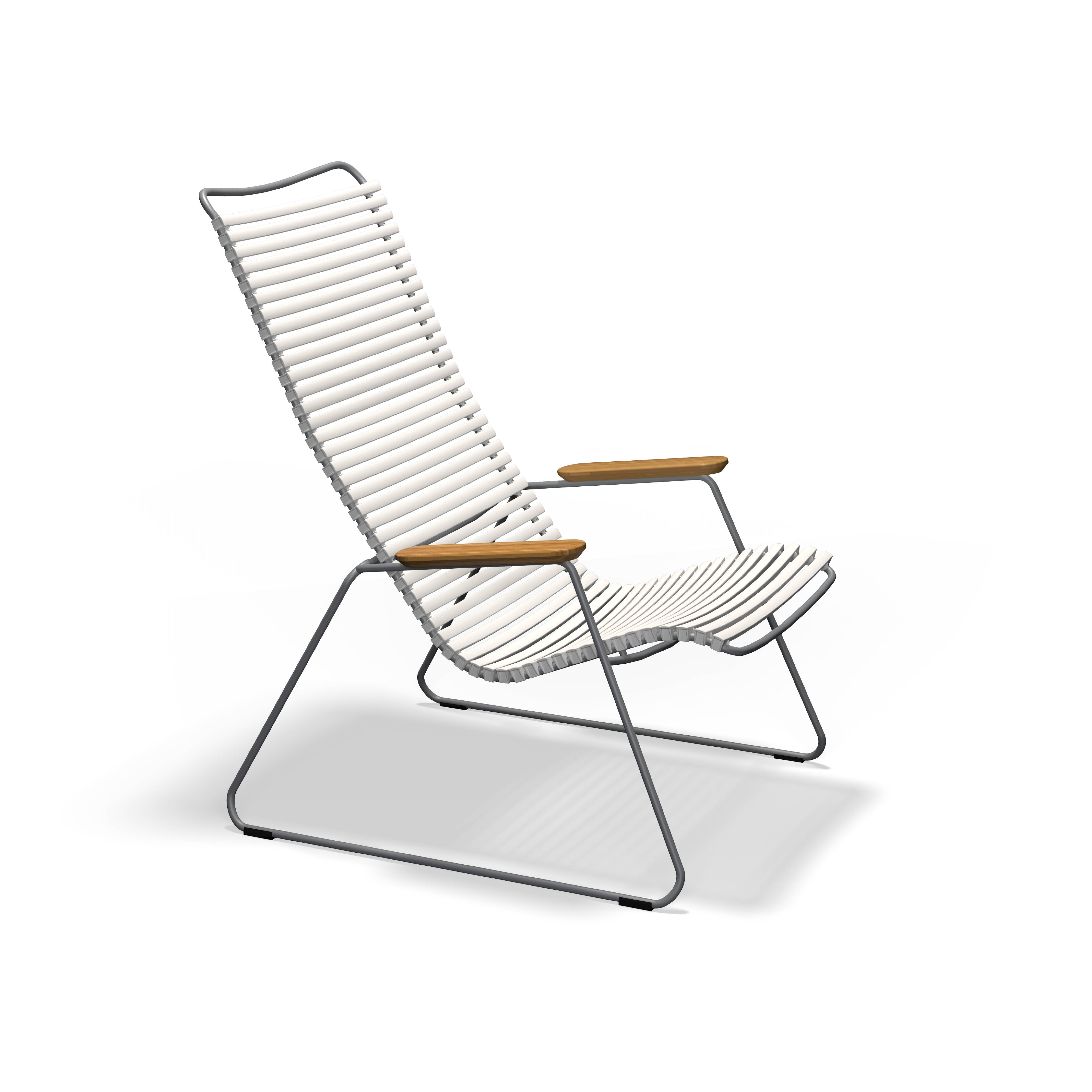The Click Lounge Chair by Houe boasts a minimalist design with a weather-resistant white slatted seat and backrest on a sleek metal frame, equipped with wooden armrests and slightly reclined angles for comfort, perfect for stylish outdoor settings.