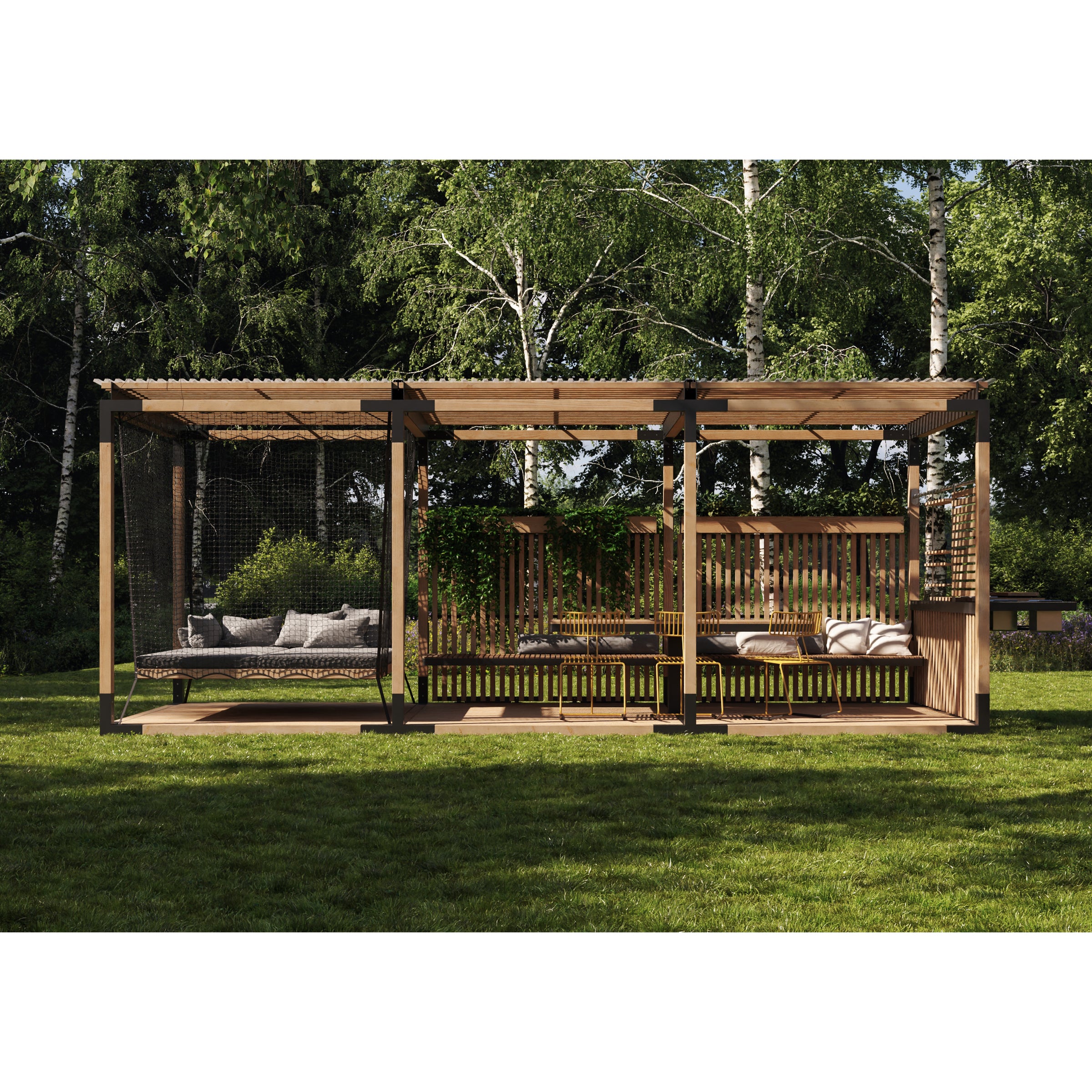 A modern wooden outdoor pergola on a lawn features a cozy hanging bed with cushions and a vertical garden. Enhanced by Egoes Leva Home outdoor furniture, it is surrounded by lush trees, offering relaxation and tranquility.