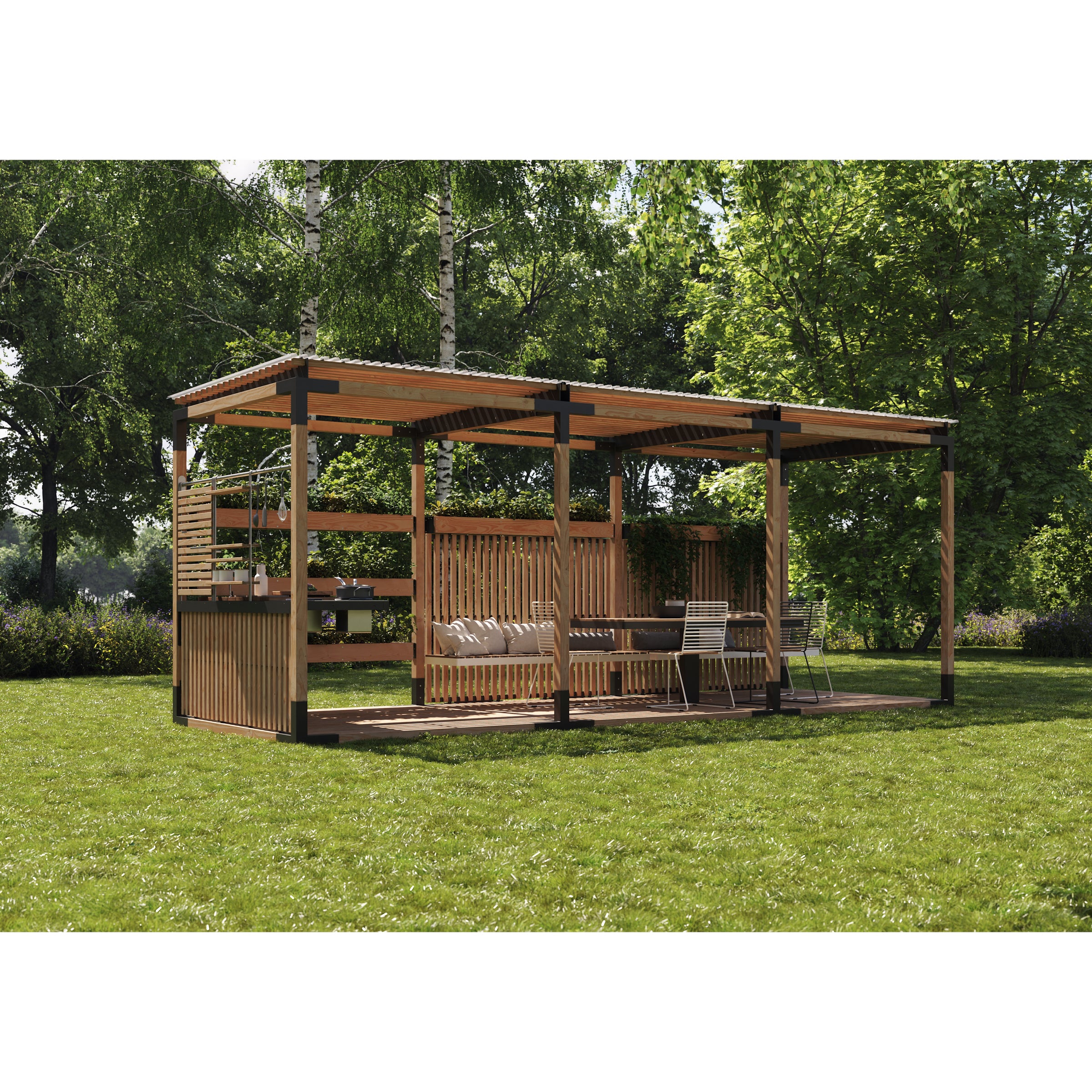 A modern wooden gazebo, named Leva Home by Egoe, features a flat roof and black metal accents on a grassy lawn. Outdoors, its furniture promotes relaxation amid trees and greenery under a sunny sky using the versatile Leva modular system.