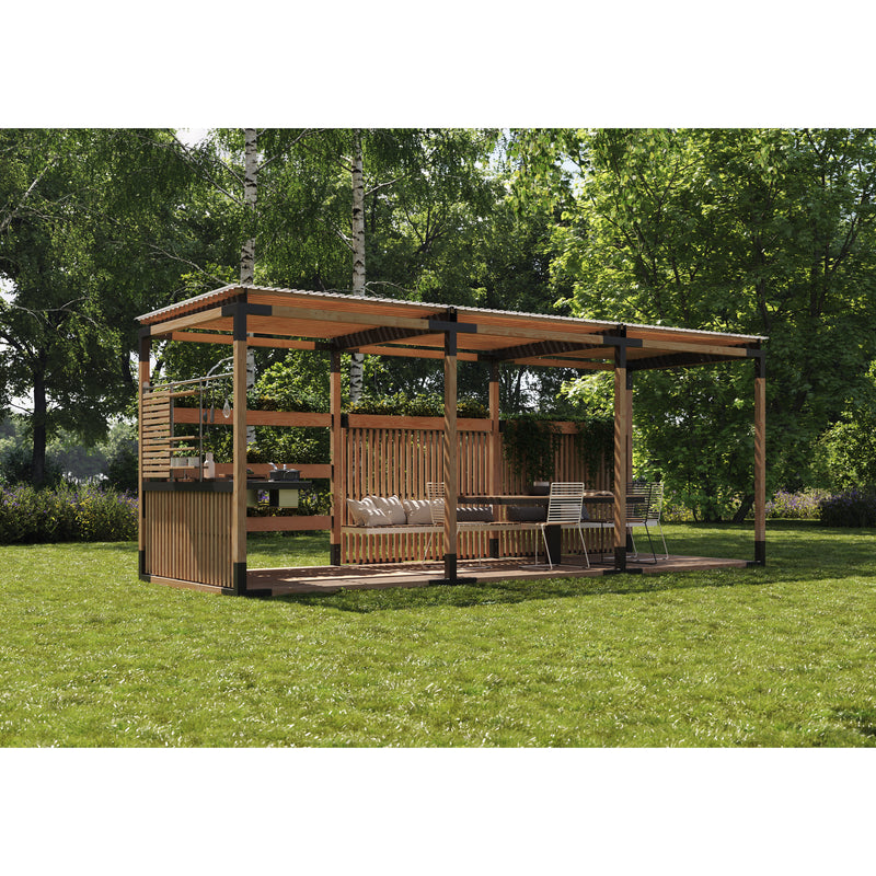 A modern wooden gazebo, named Leva Home by Egoe, features a flat roof and black metal accents on a grassy lawn. Outdoors, its furniture promotes relaxation amid trees and greenery under a sunny sky using the versatile Leva modular system.