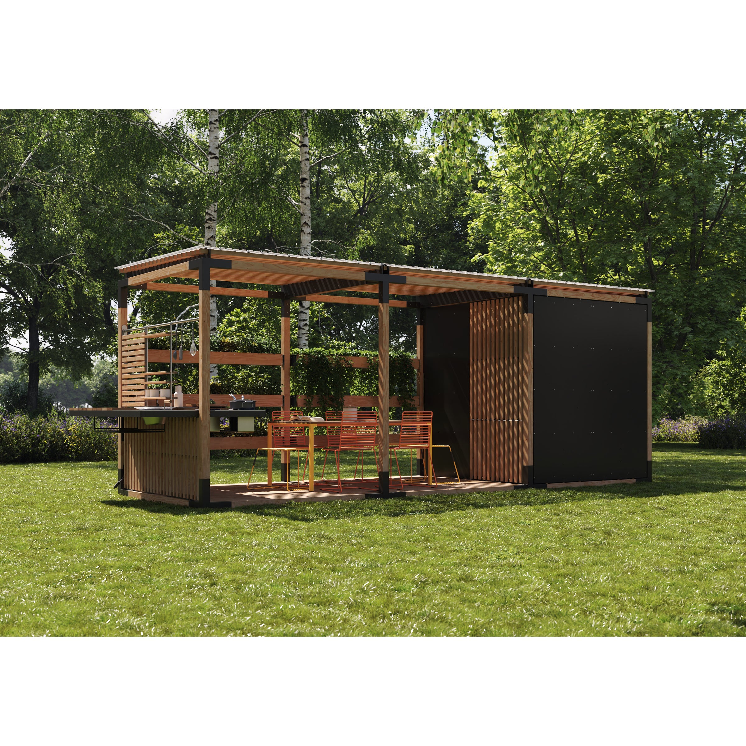 Set on a lush lawn, this modern wooden pavilion with a slatted roof exudes tranquility. Inside, the vibrant orange table and benches from Egoes Leva Home modular system blend seamlessly with the greenery, creating an inviting retreat.