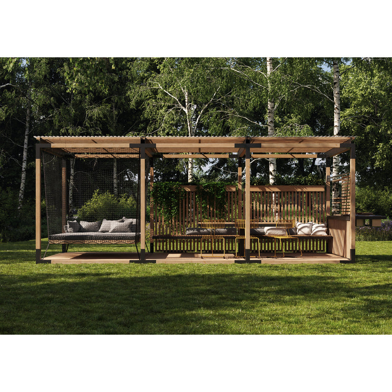 A modern wooden outdoor pergola on a lawn features a cozy hanging bed with cushions and a vertical garden. Enhanced by Egoes Leva Home outdoor furniture, it is surrounded by lush trees, offering relaxation and tranquility.