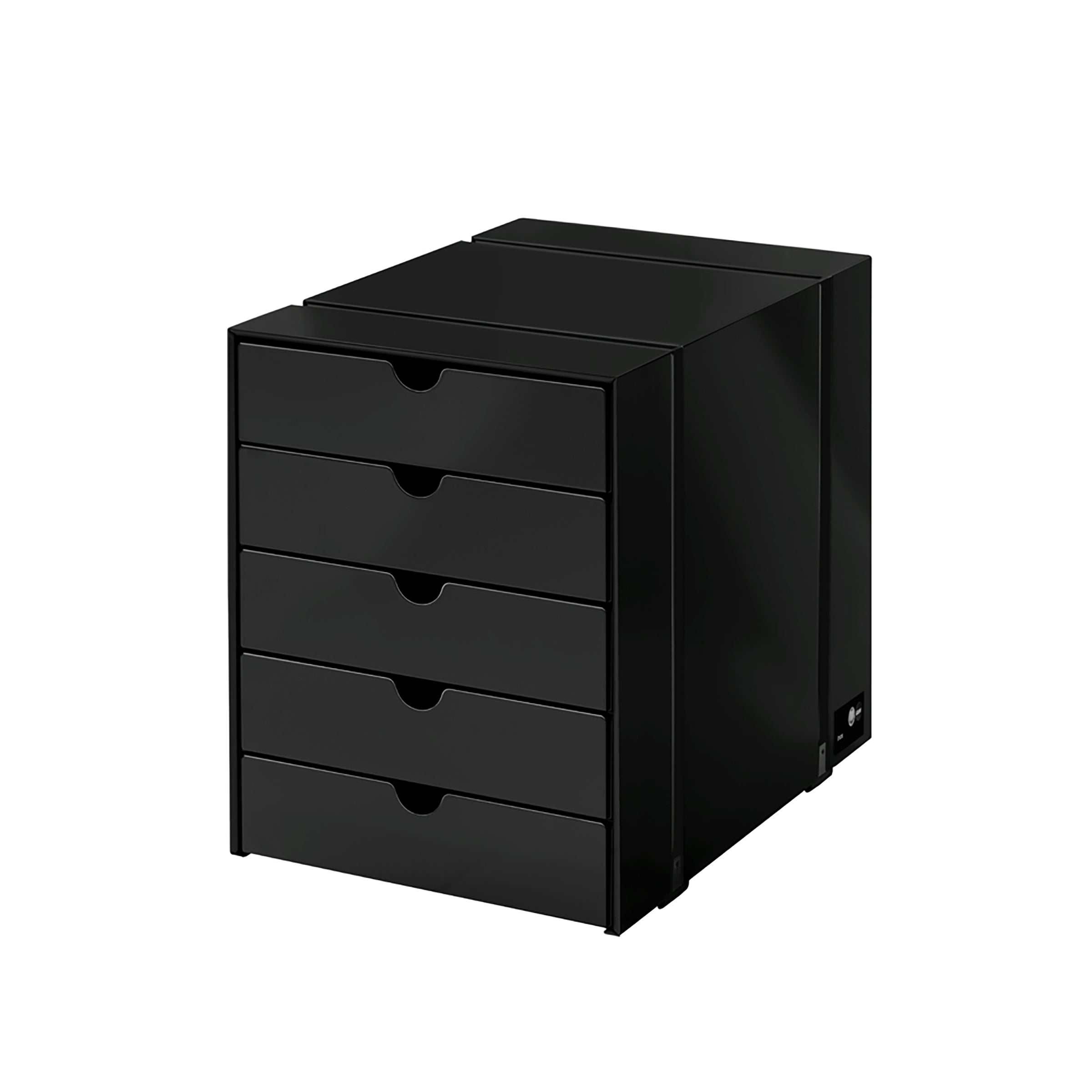 Inos 5 Drawer Set in black powder-coated steel with chrome frame, perfect for stylish office or home storage.