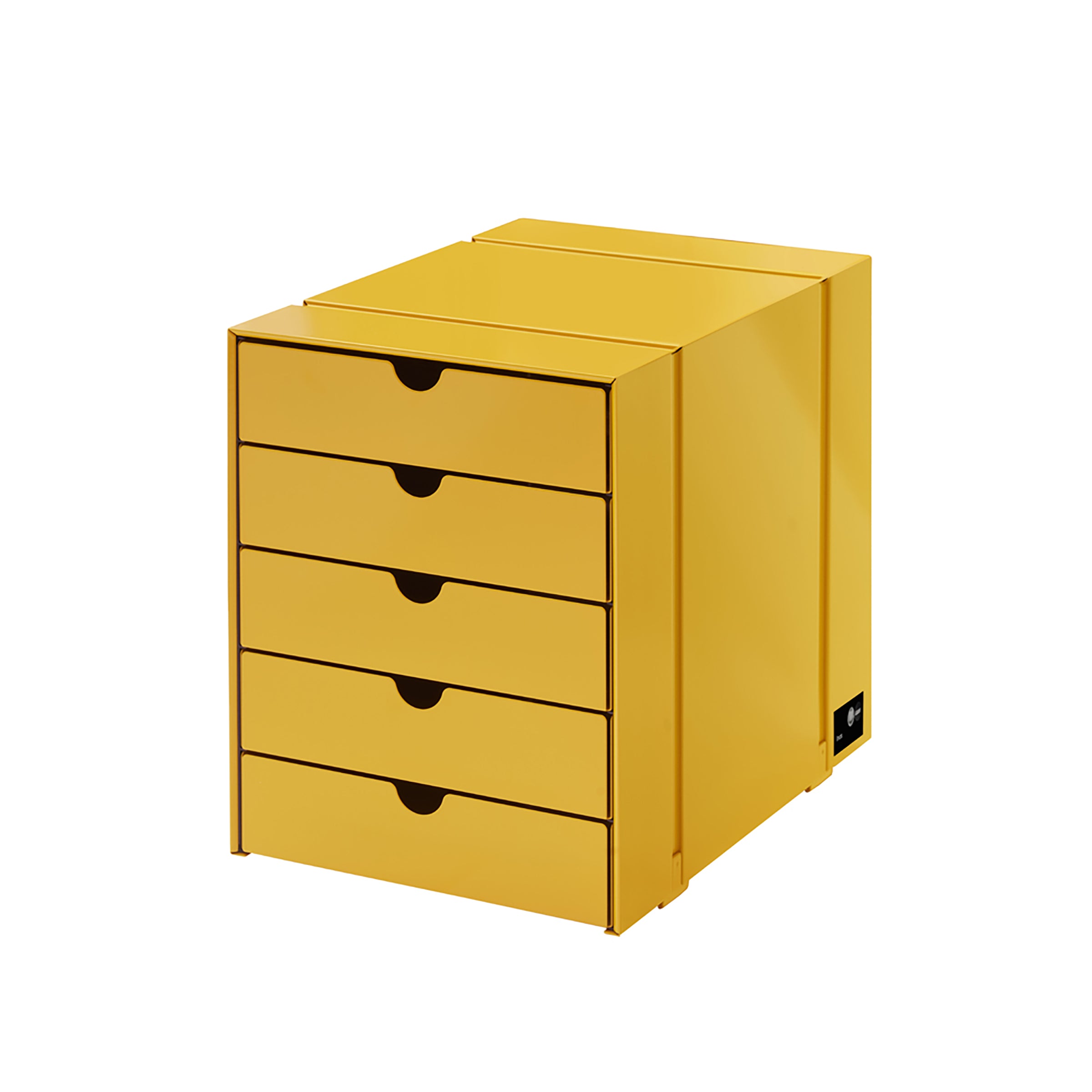 Inos 5 Drawer Set in golden yellow powder-coated steel with chrome frame, compact storage for office or home.